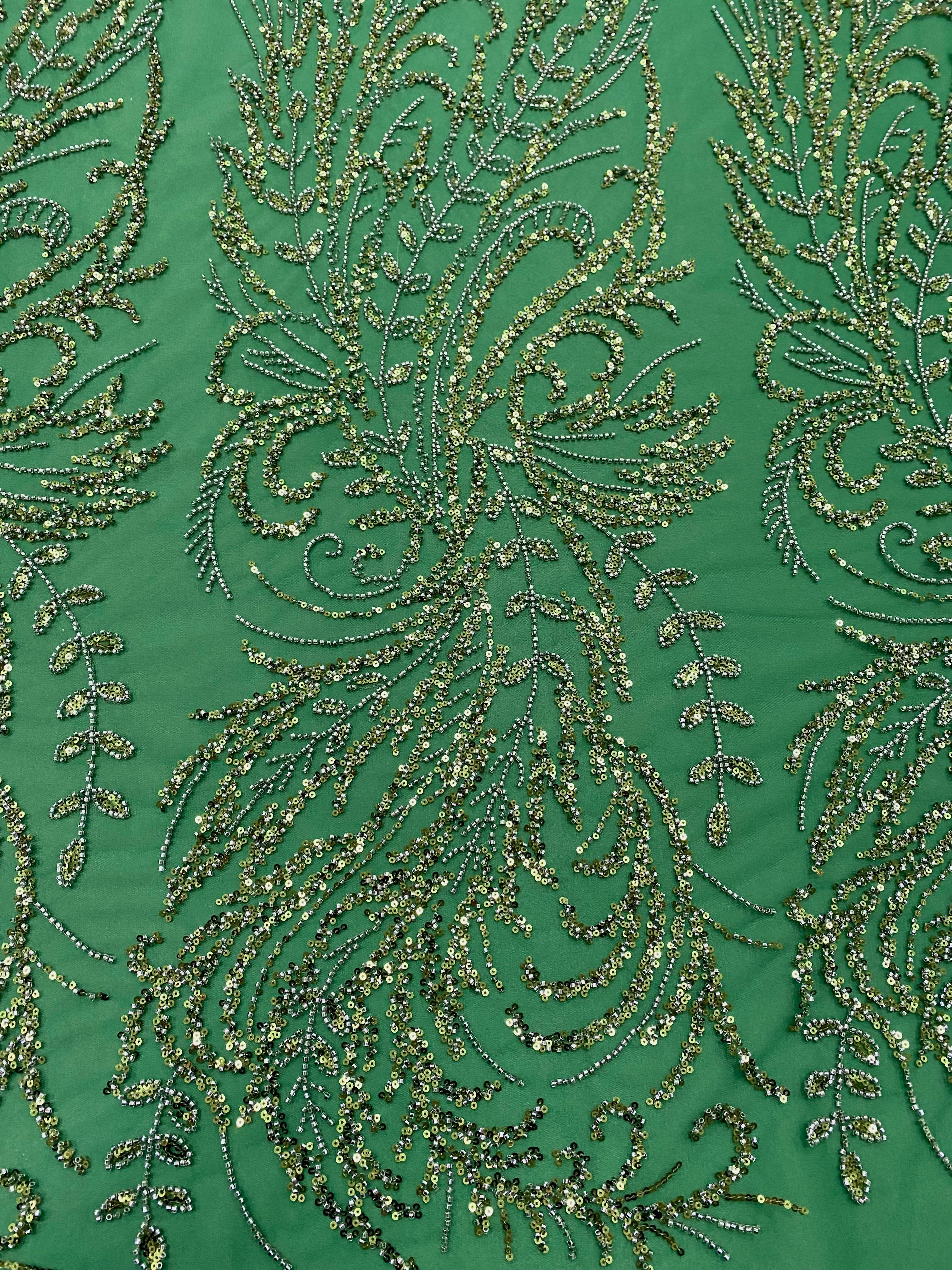 Emerald Green Couture Lace with Floral Pattern, Beads and Sequins