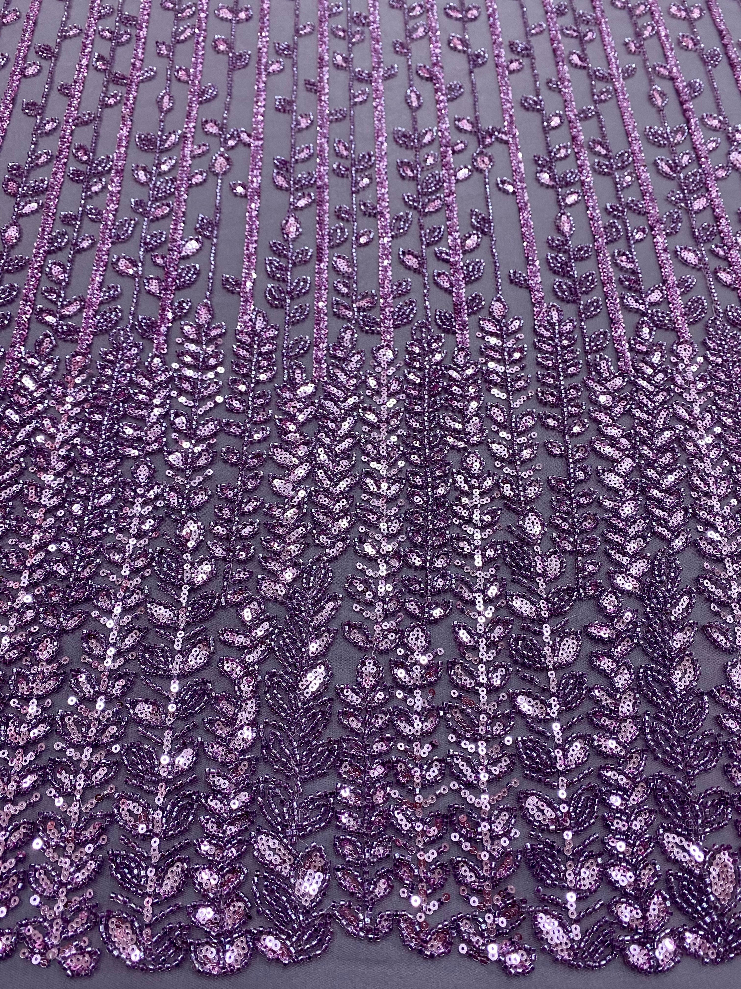 Dantela Couture Lavanda Pudrata cu Model Liniar si Frunze, cu Margele si Paiete
