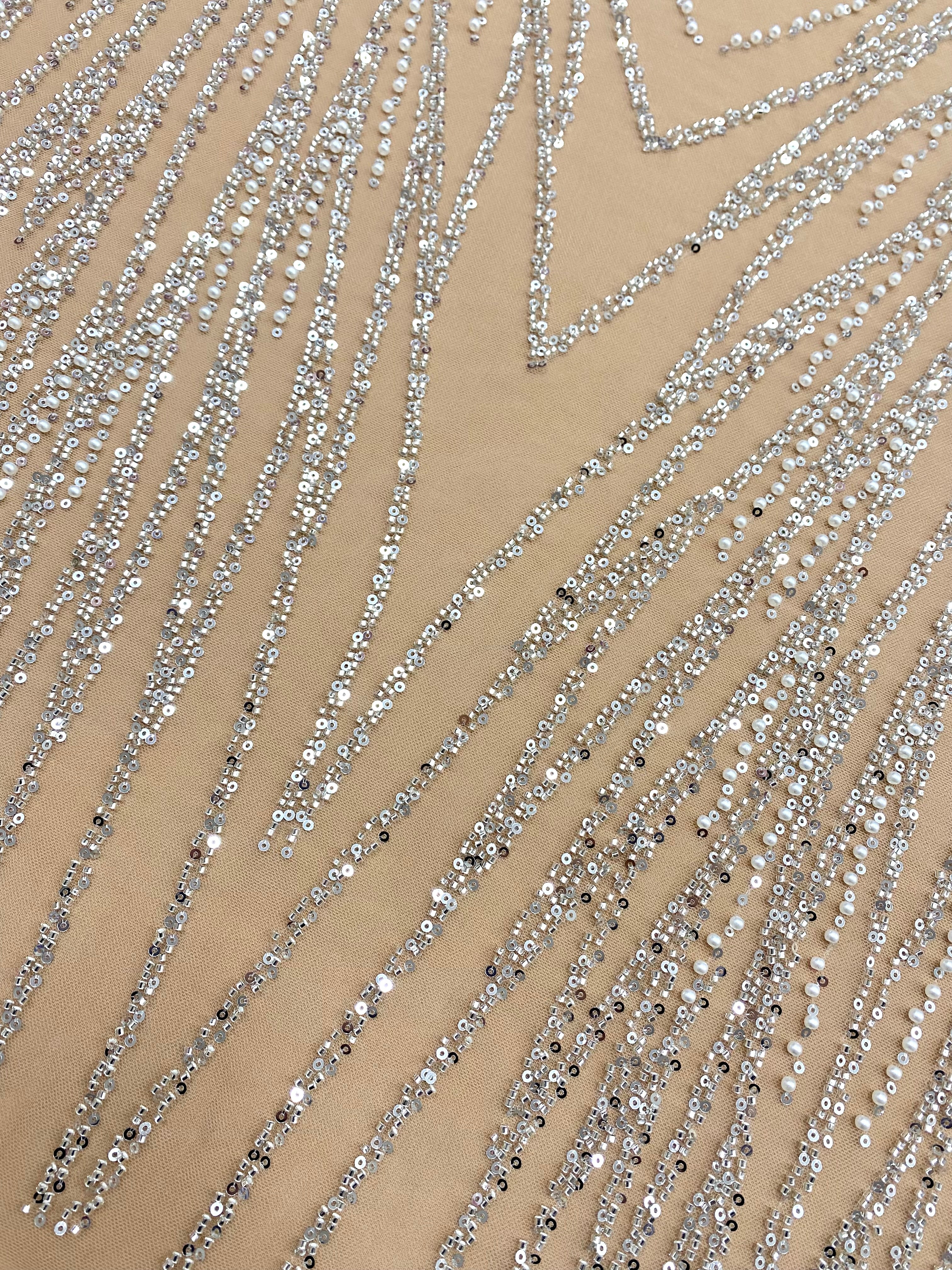 Silver Couture Lace on Nude Tulle with Linear Pattern, with Beads and Sequins