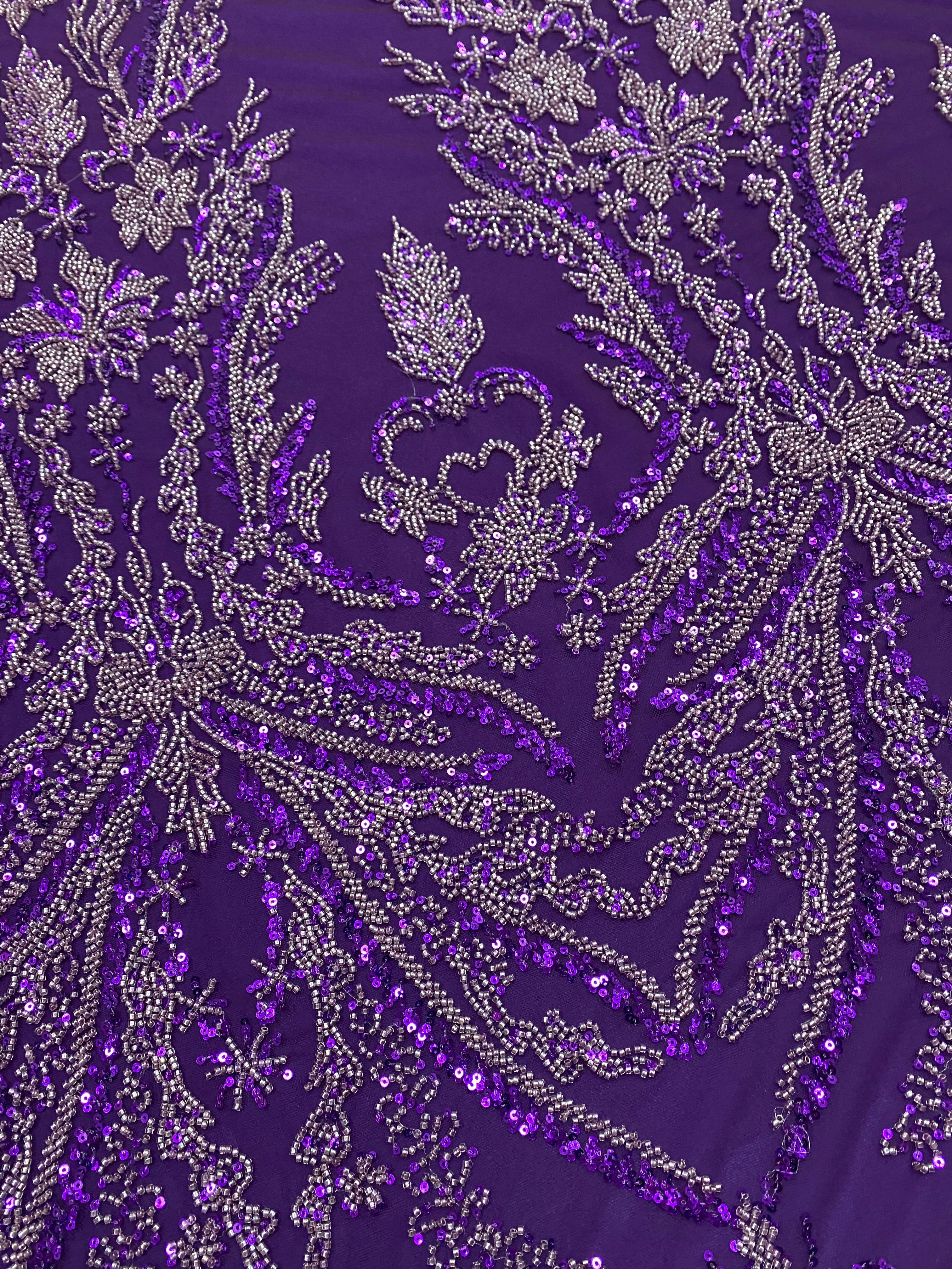 Dantela Couture Mov Inchis cu Model Floral, cu Margele si Paiete