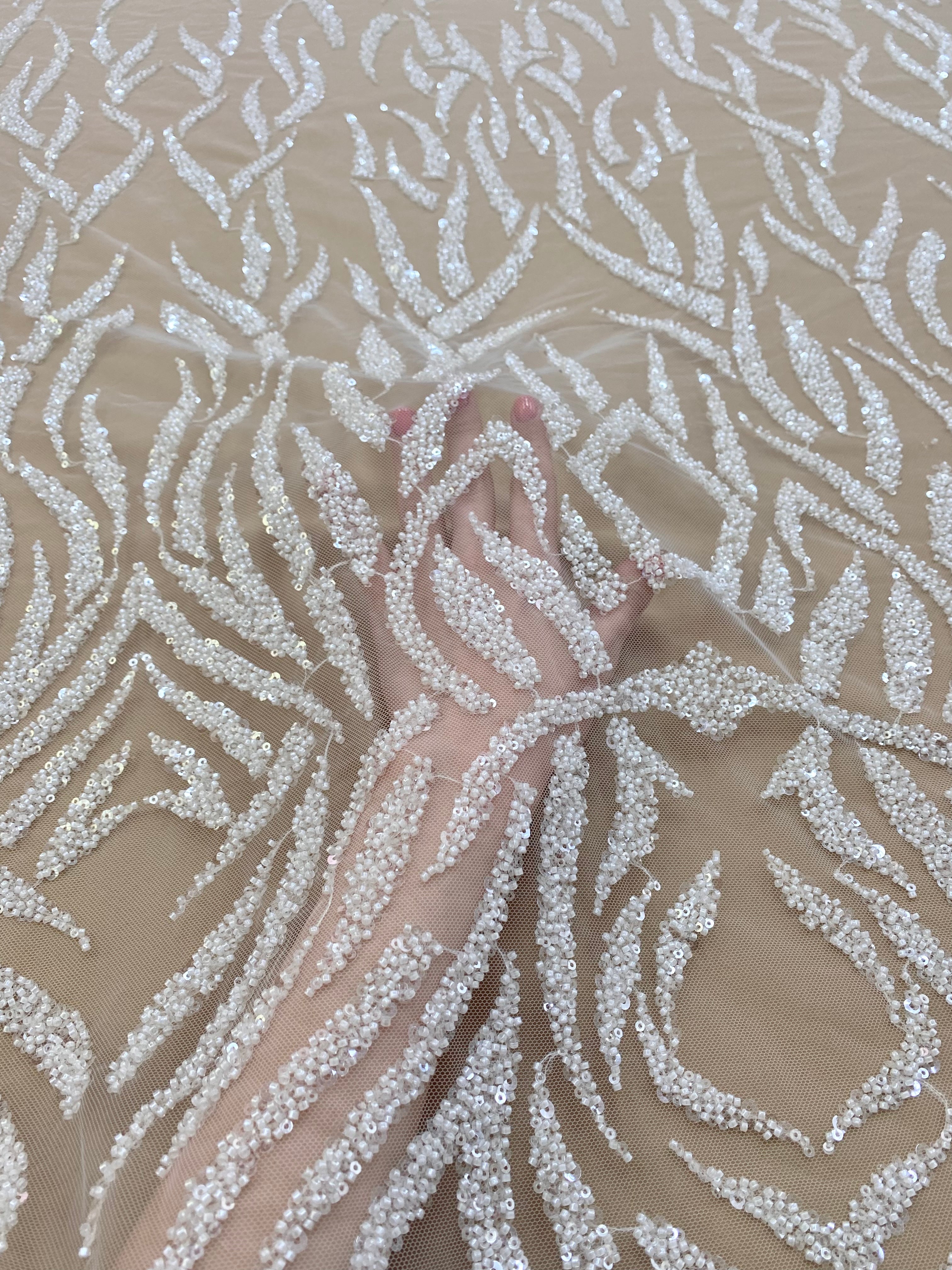 Ivory Couture Lace with Linear Pattern, Beads and Sequins