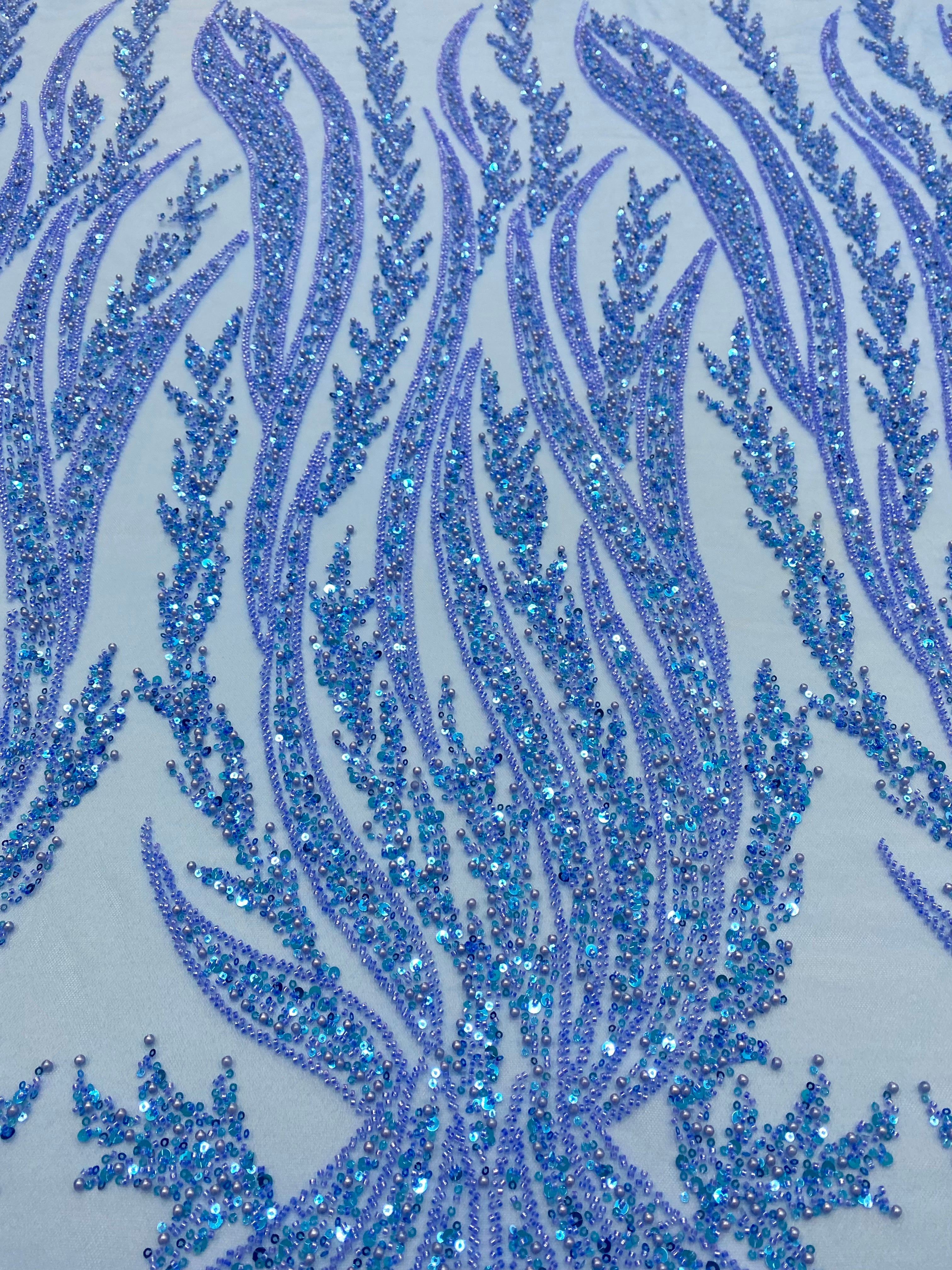 Silver Couture Lace on Blue Tulle, with Symmetrical Pattern, with Beads and Sequins 