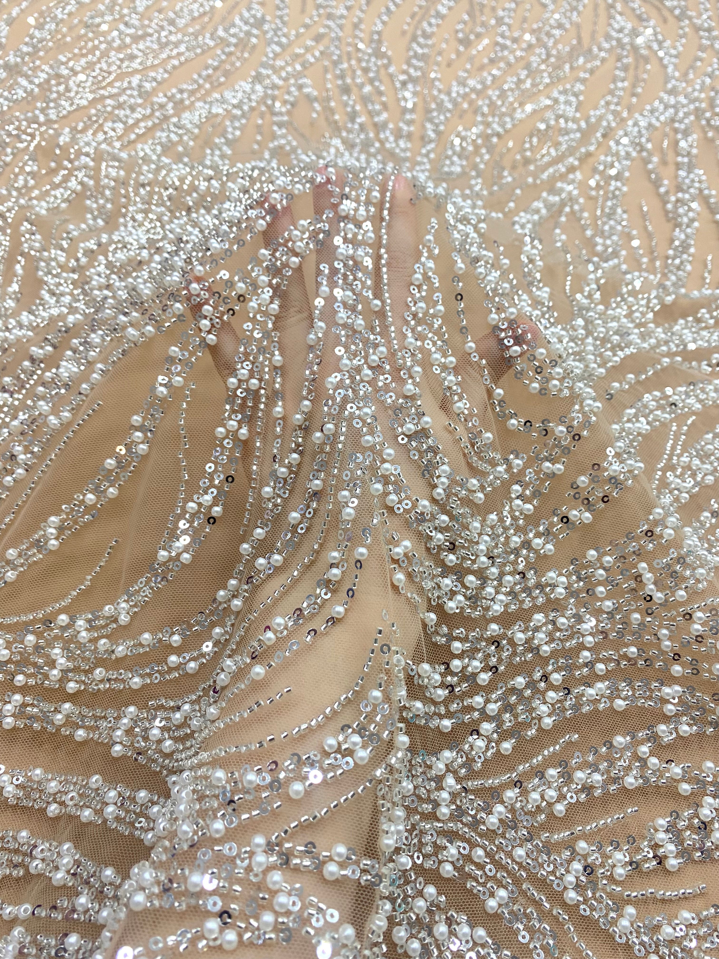 Silver Couture Lace on Nude Tulle with Geometric Pattern, with Pearls, Beads and Sequins