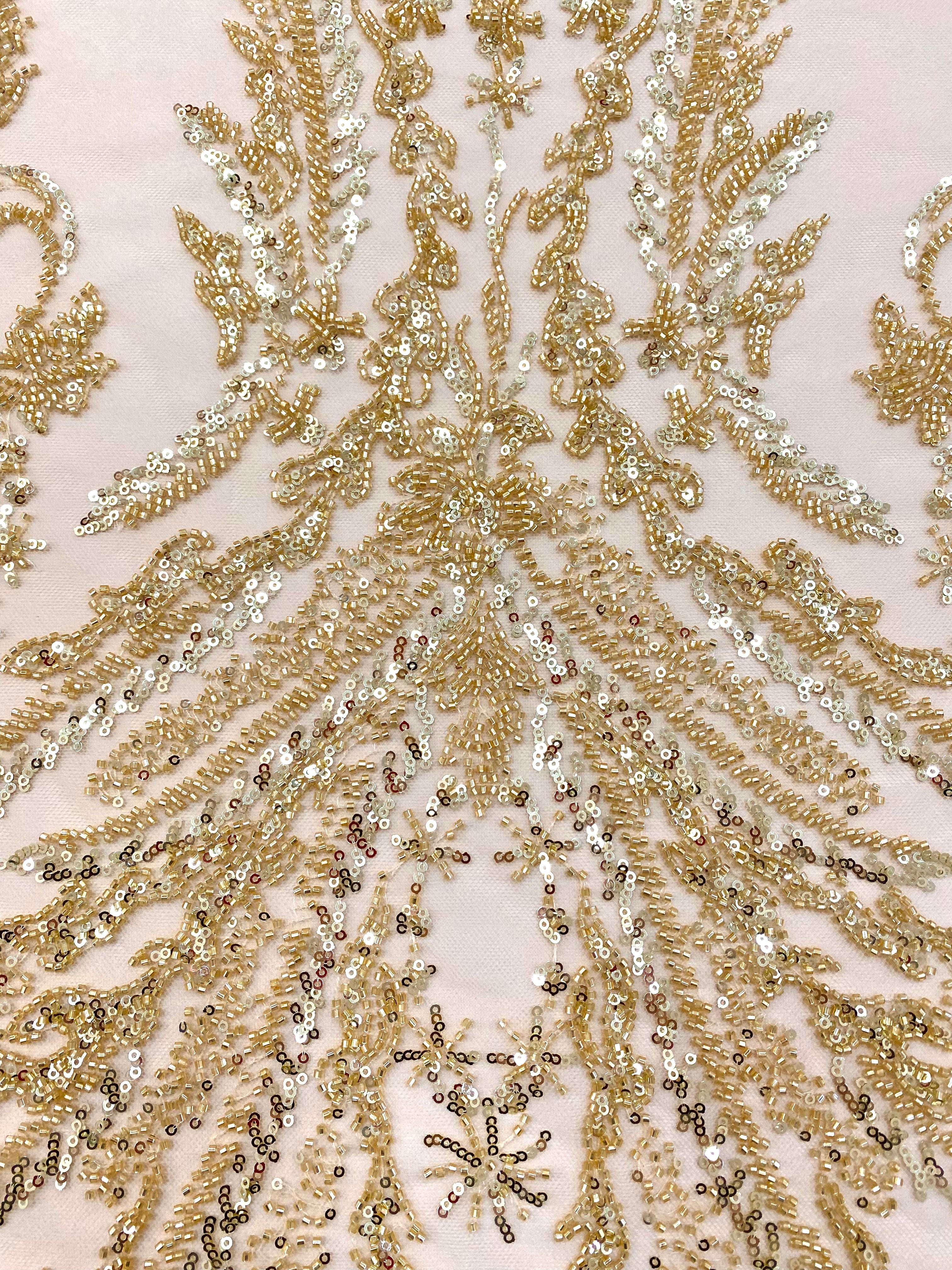 Gold Couture Lace with Floral Pattern, with Pearls, Beads and Sequins