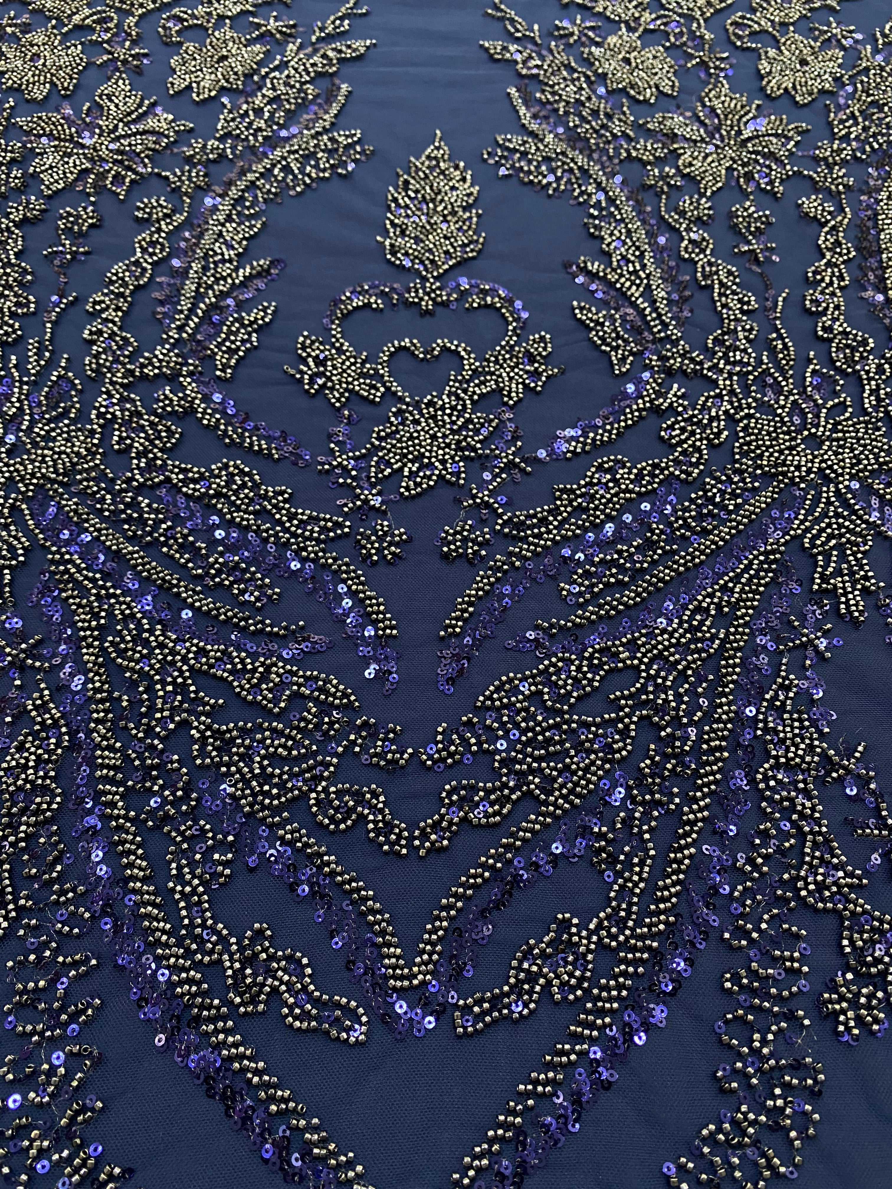 Navy Blue Couture Lace with Floral Pattern, Beads and Sequins