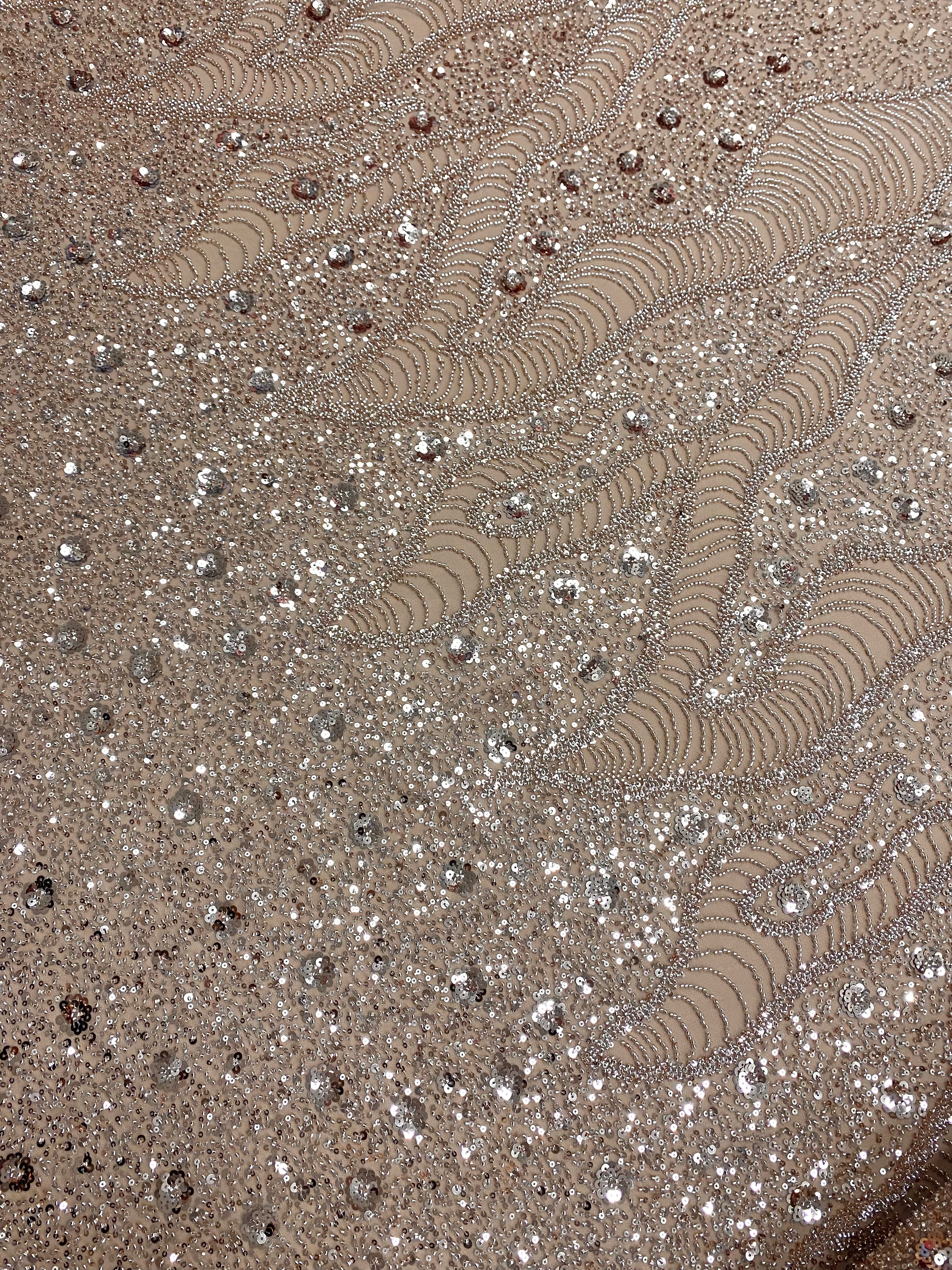 Rose Gold Couture Lace with Geometric and Floral Pattern, with Beads and Sequins
