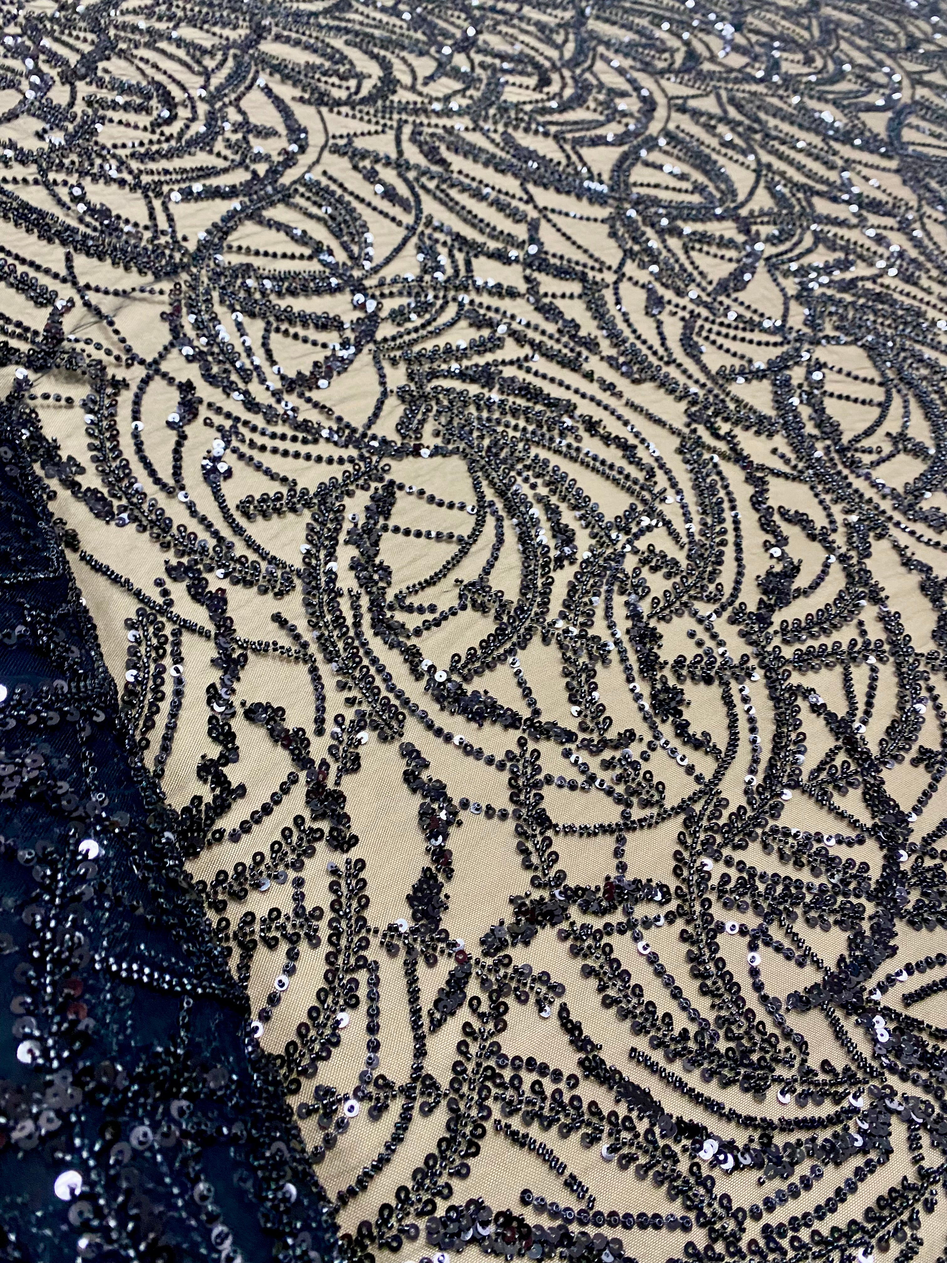 Black Couture Lace with Geometric Pattern, Beads and Sequins