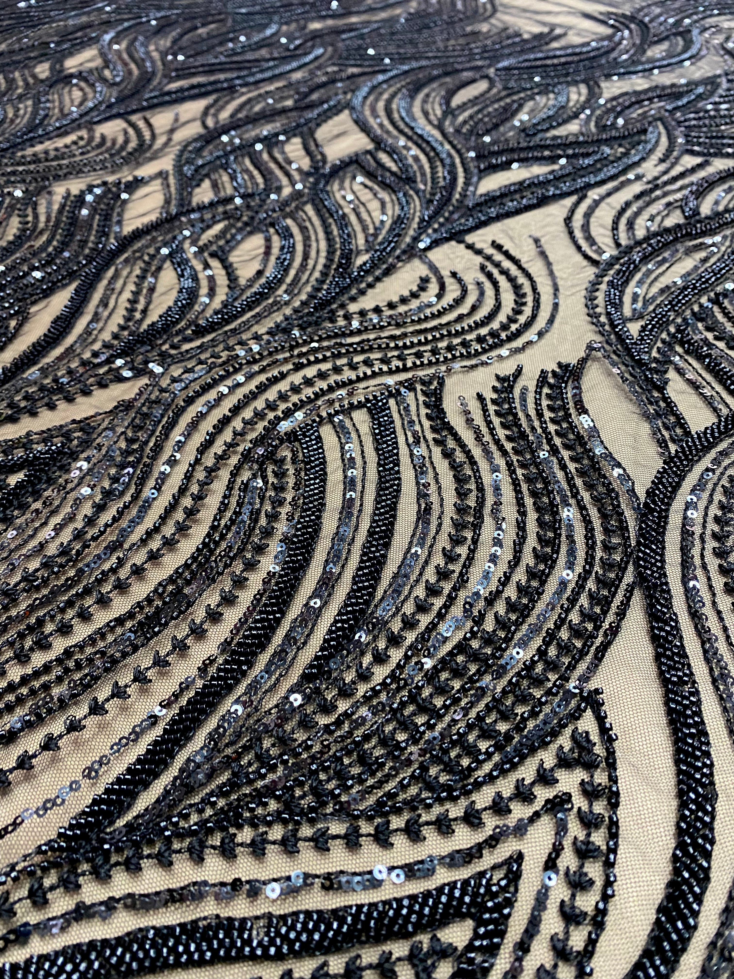Ivory Lace with Linear Pattern, with Pearls and Sequins