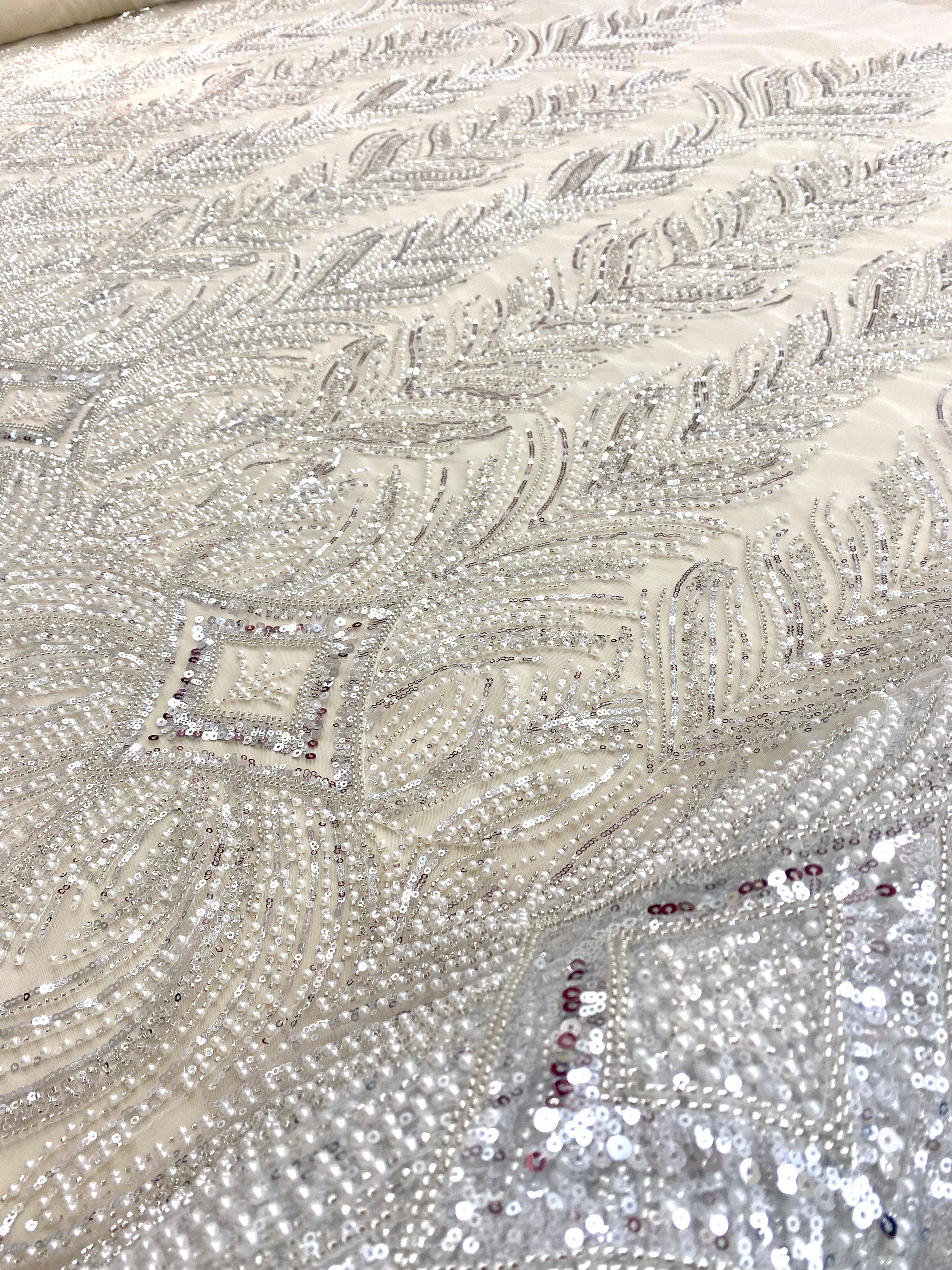 Silver Lace with Geometric Pattern, with Beads and Sequins