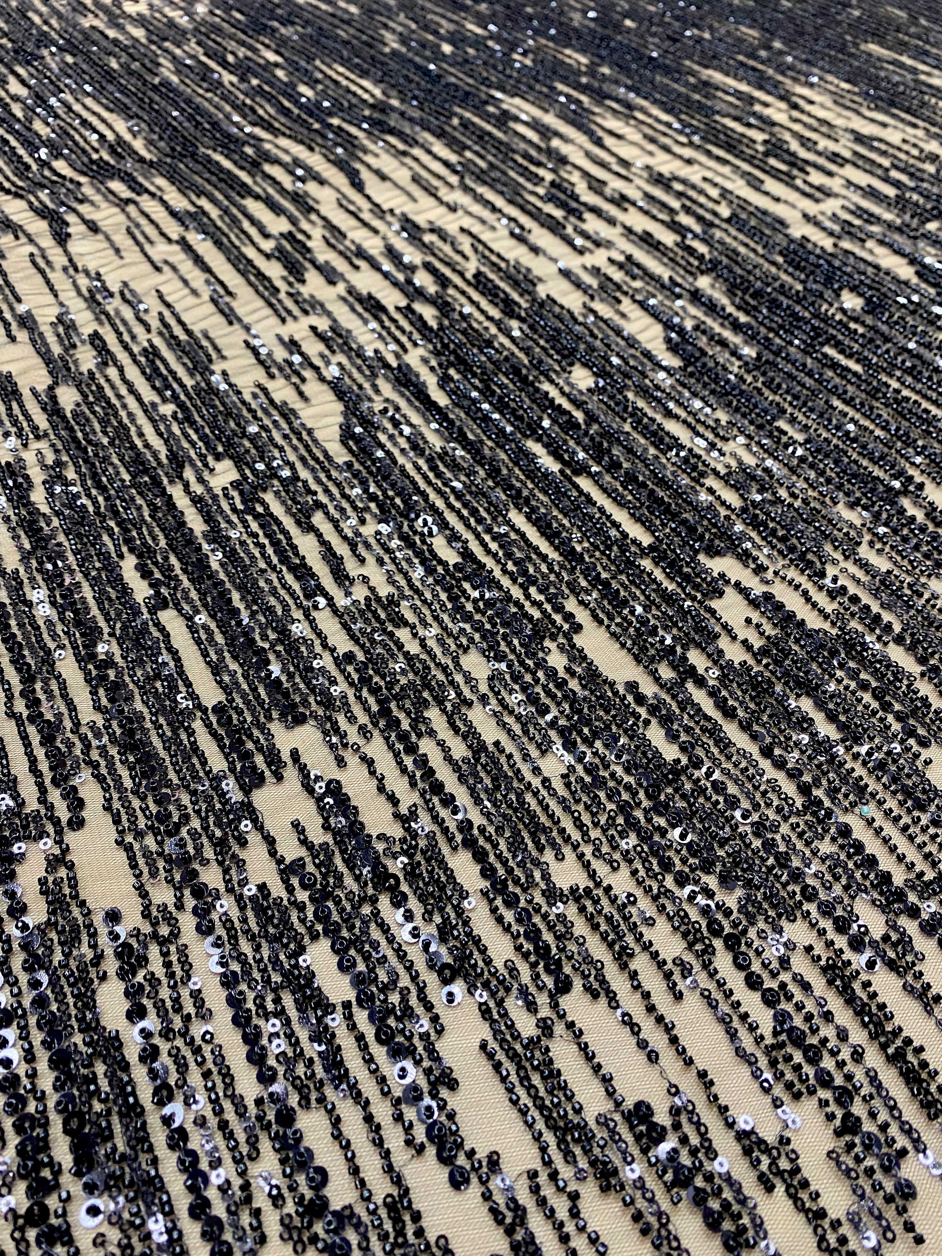 Black Lace with Linear Pattern, with Pearls and Sequins