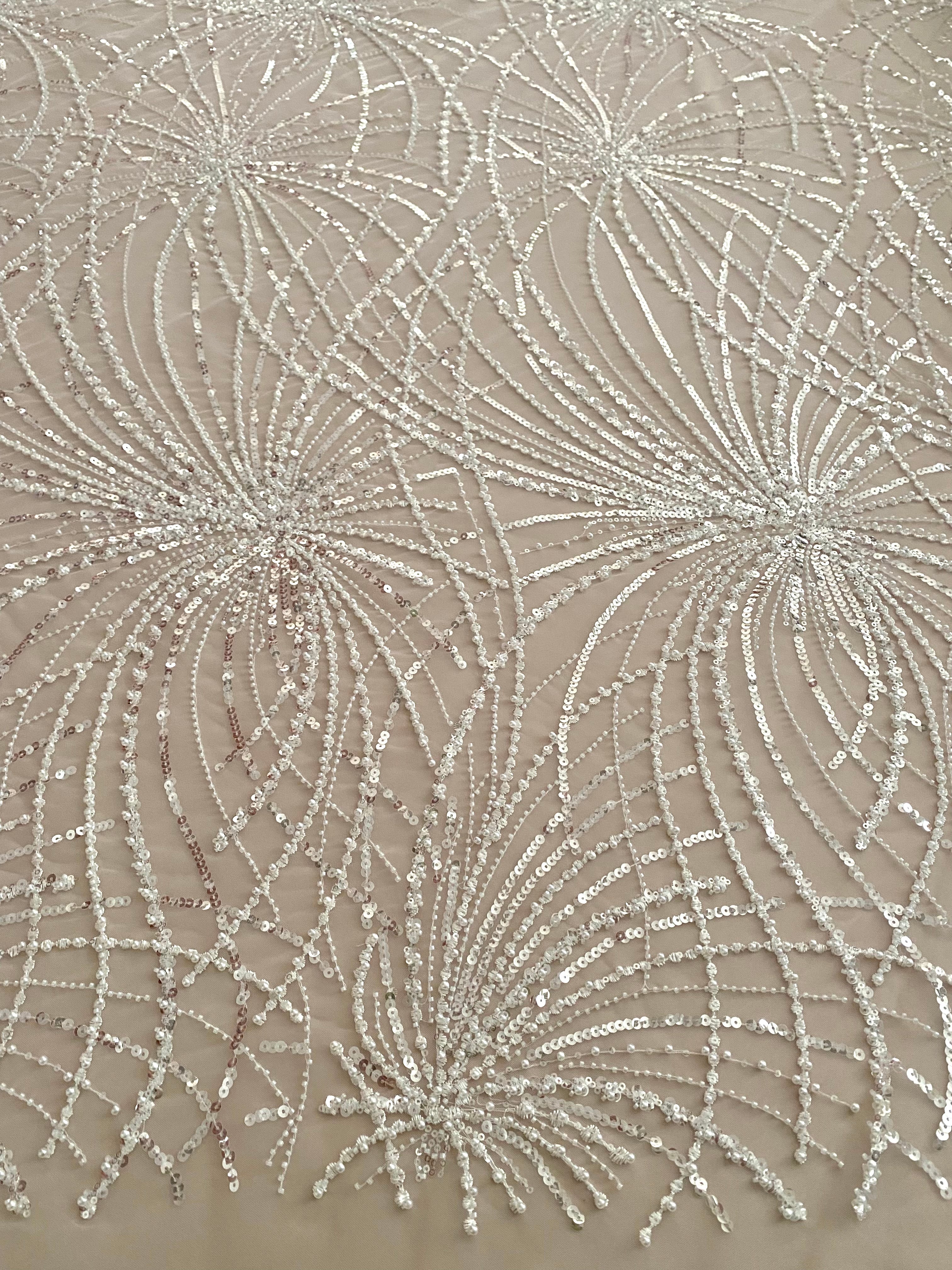 Dantela Couture Ivory cu Model Geometric, cu Perle, Margele si Paiete
