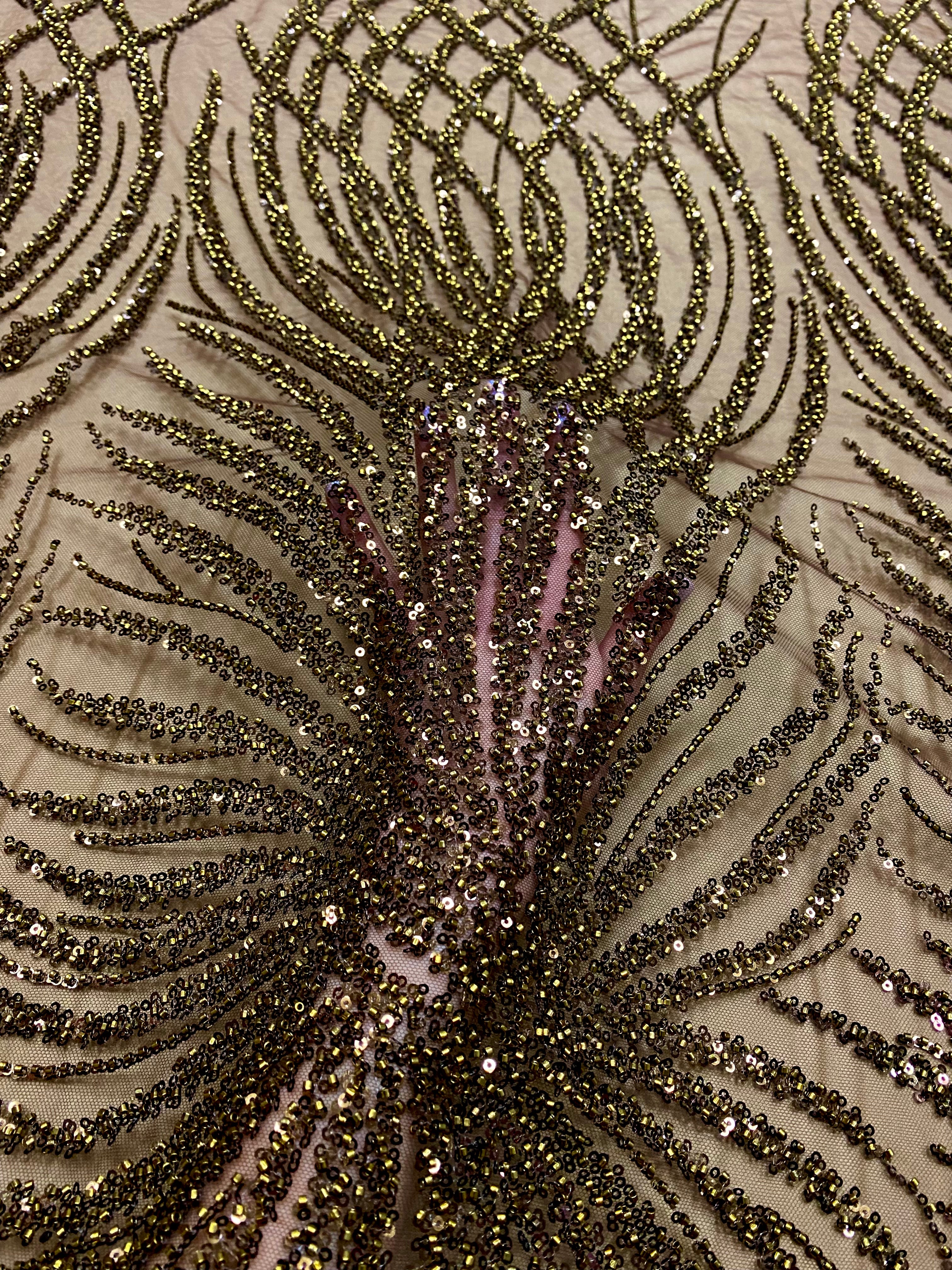 Brown Lace with Geometric Pattern, with Beads and Sequins