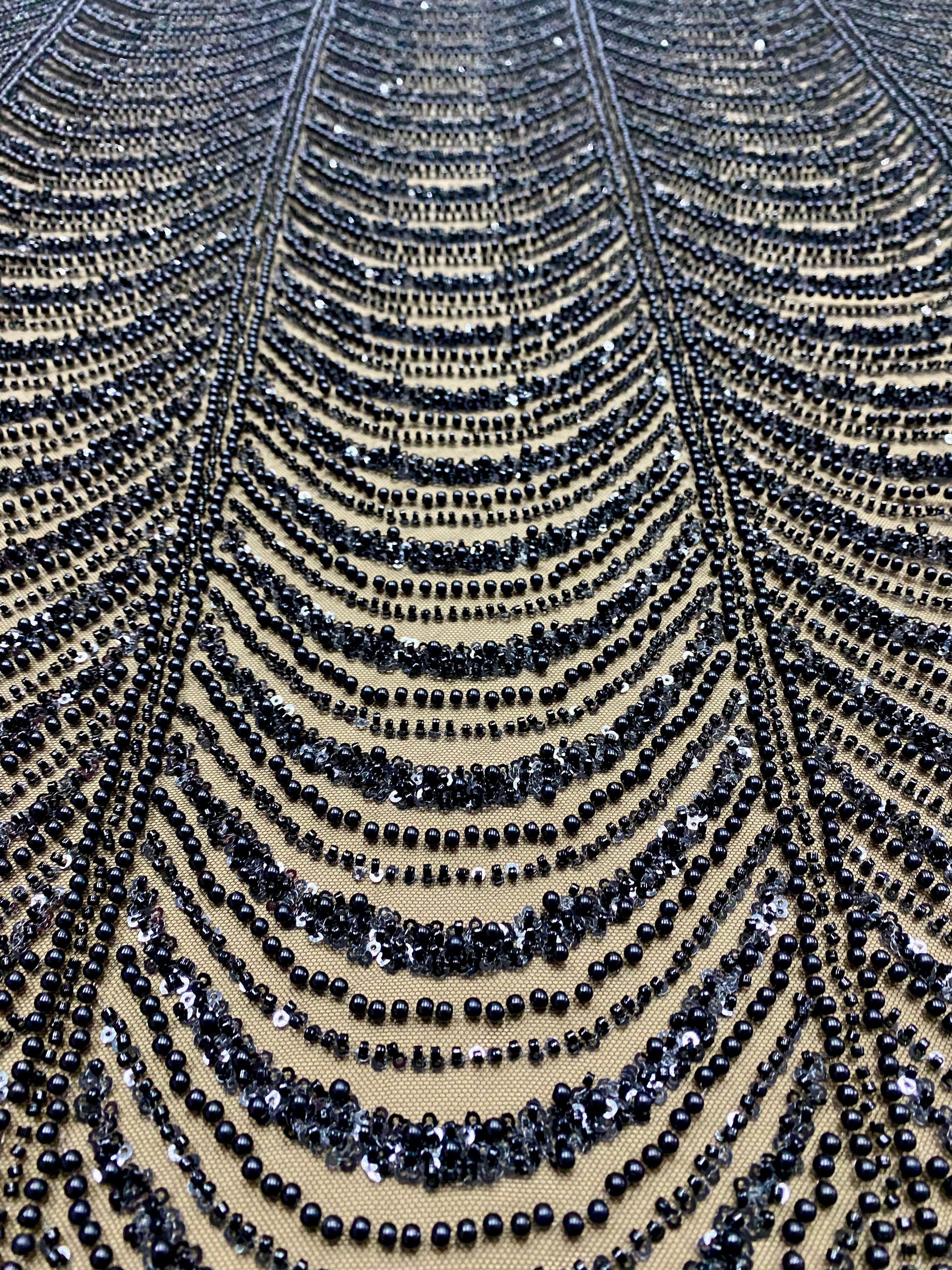 Black Couture Lace with Geometric Pattern, with Pearls, Beads and Sequins