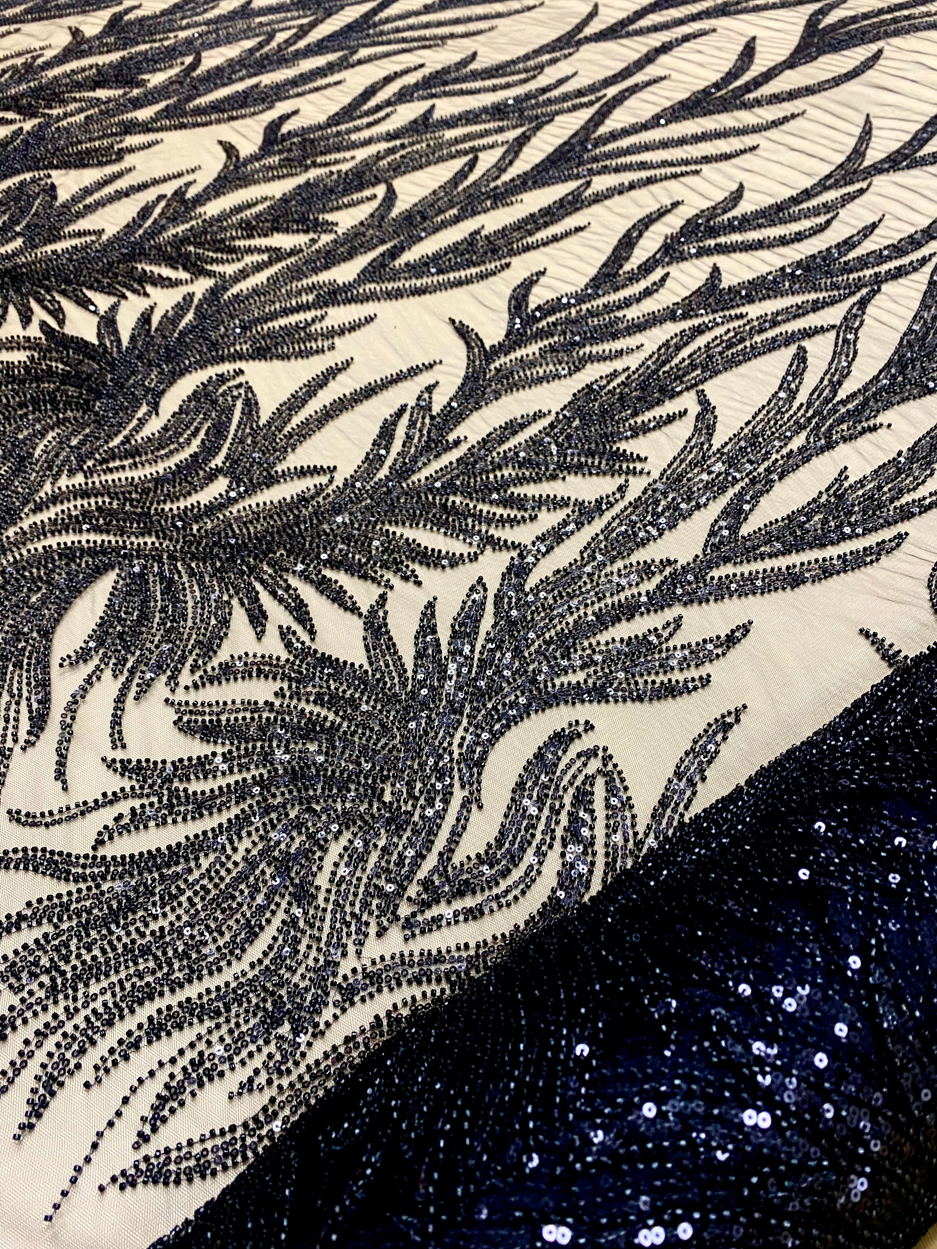 Dantela Couture Neagra cu Siraguri, cu Margele si Paiete