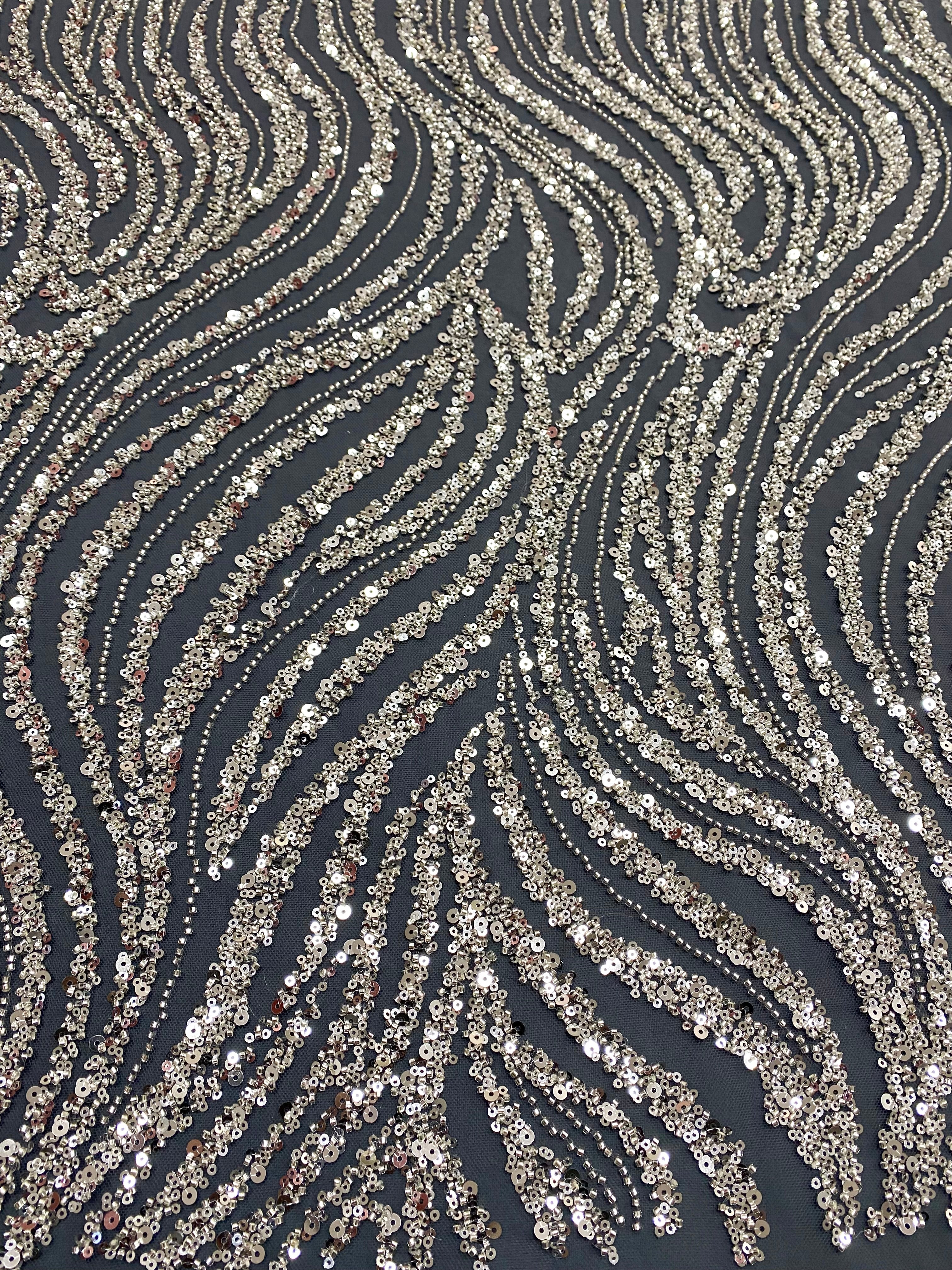 Silver Lace with Linear Pattern, with Pearls and Sequins