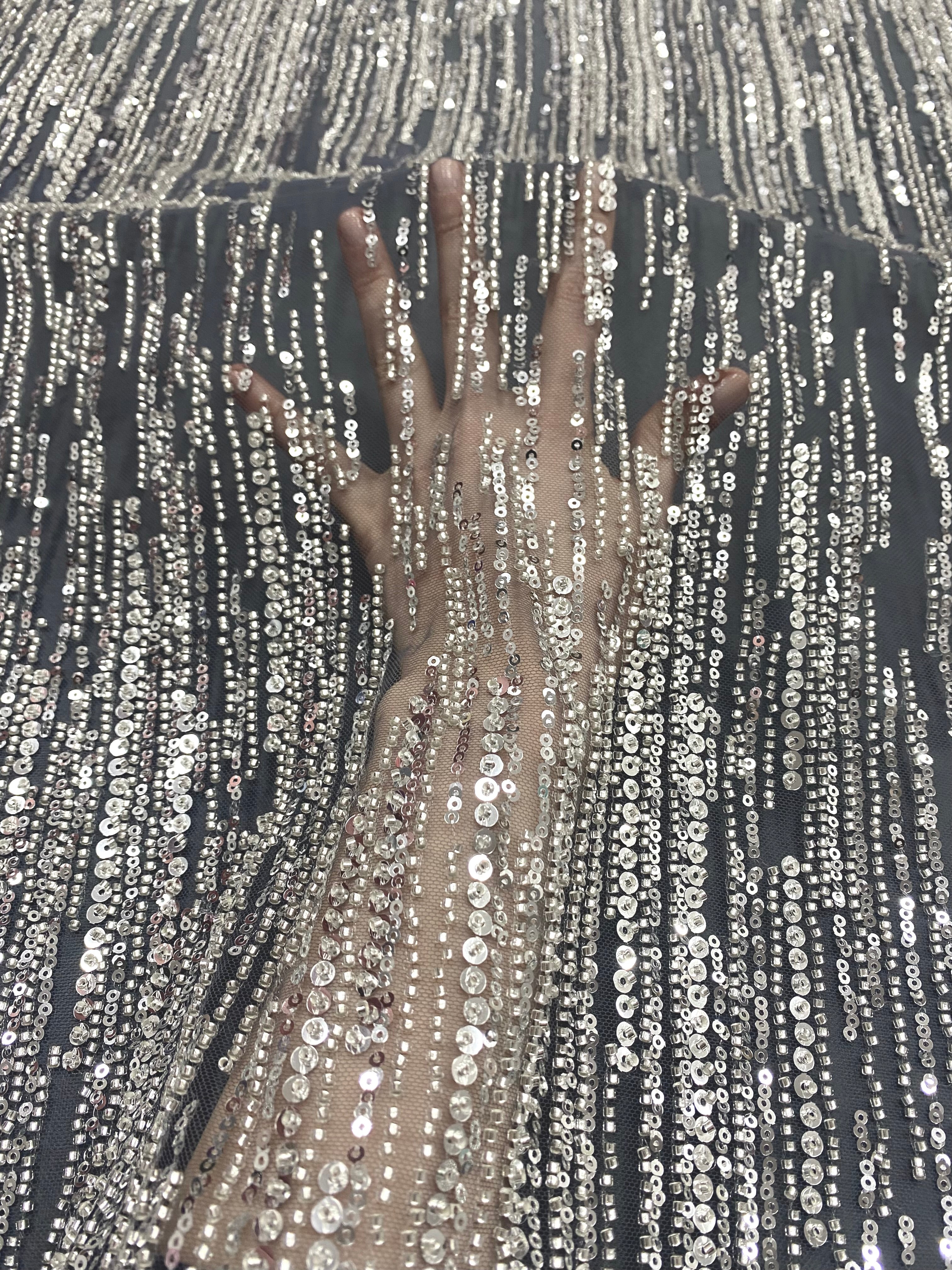 Silver Couture Lace on Anthracite Grey Tulle with Linear Pattern, Beads and Sequins