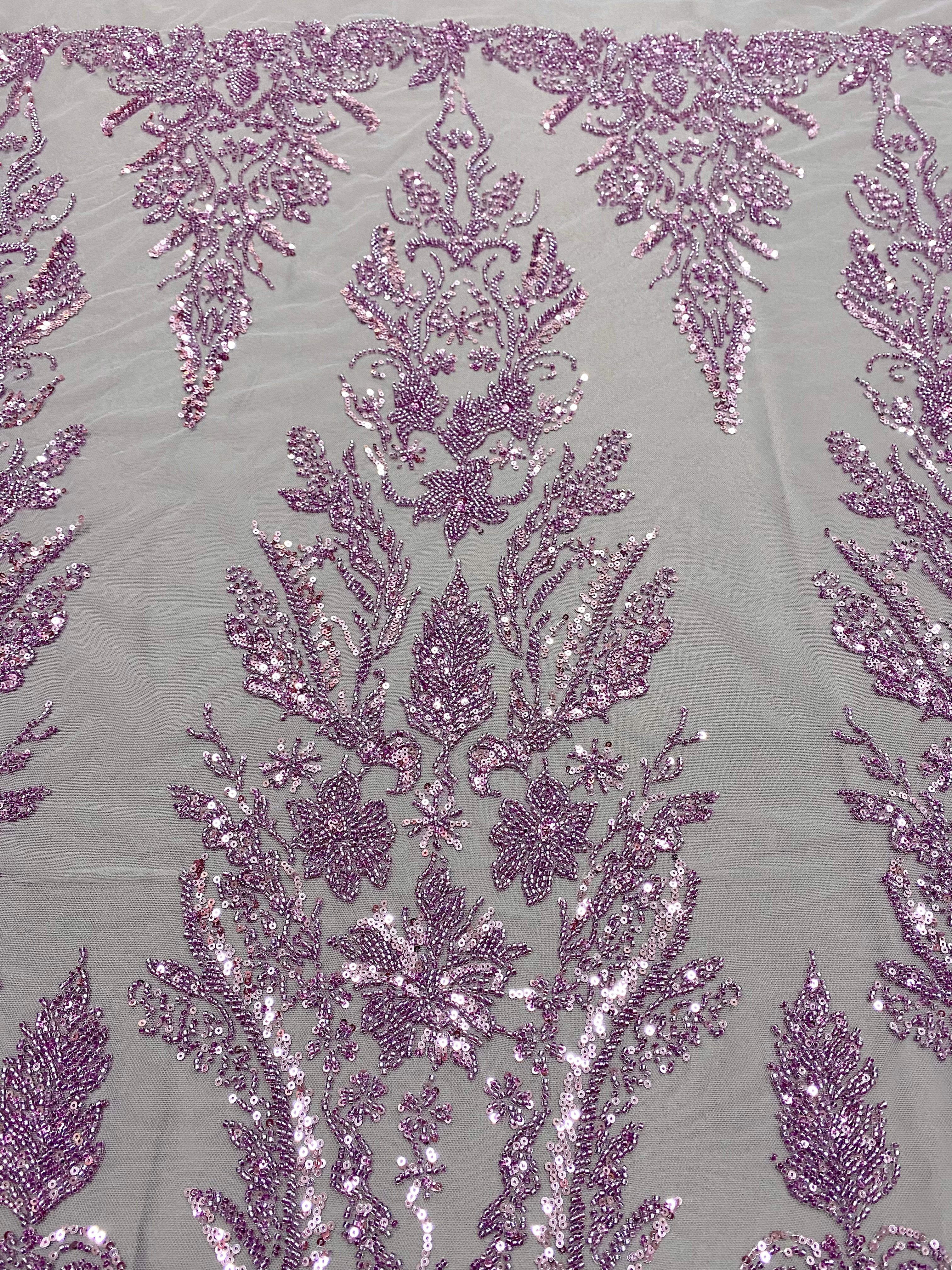 Dantela Couture Lavanda Pudrata cu Model Floral, cu Margele si Paiete