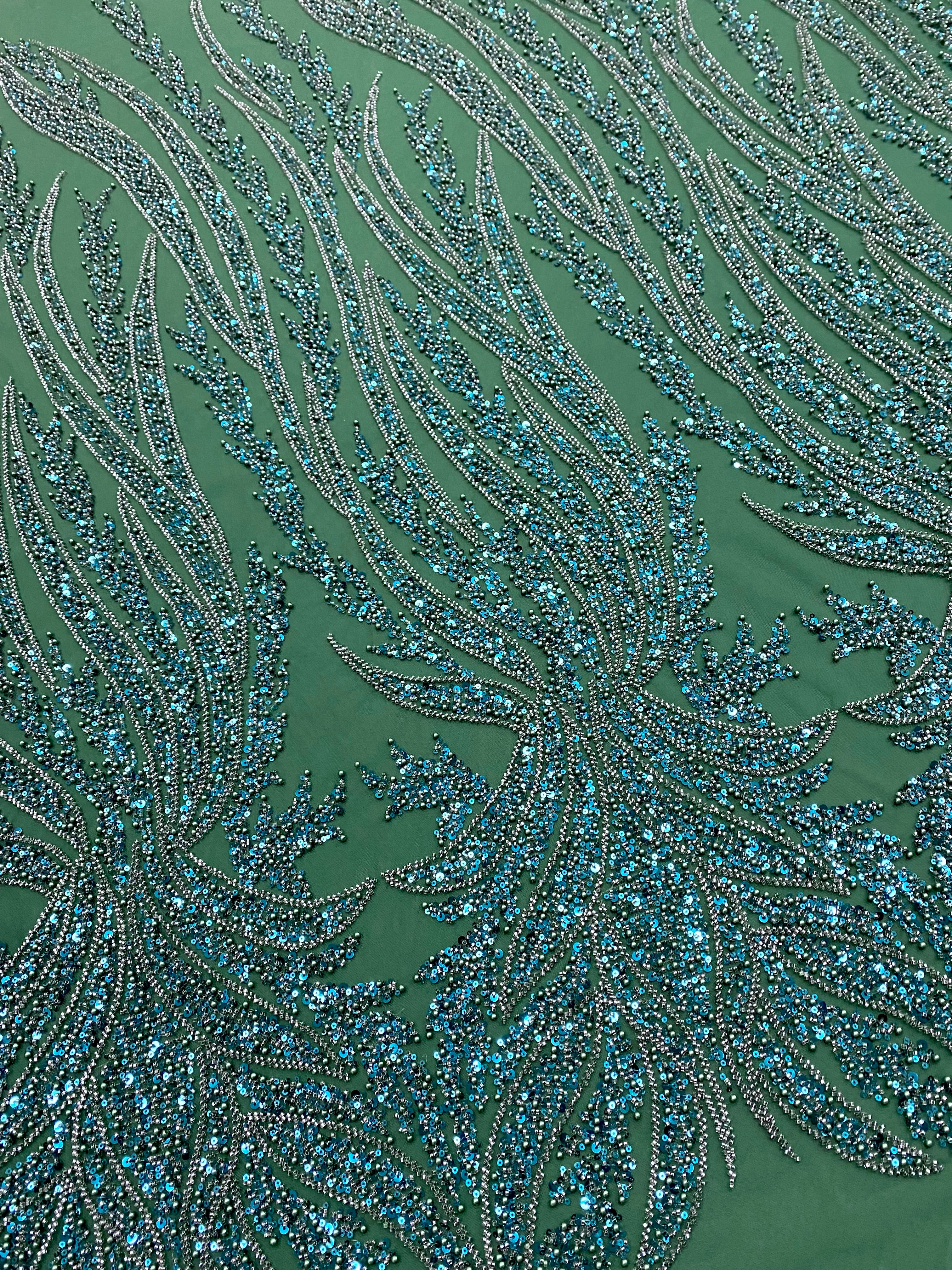 Emerald Green Couture Lace with Panel, with Pearls, Beads and Sequins