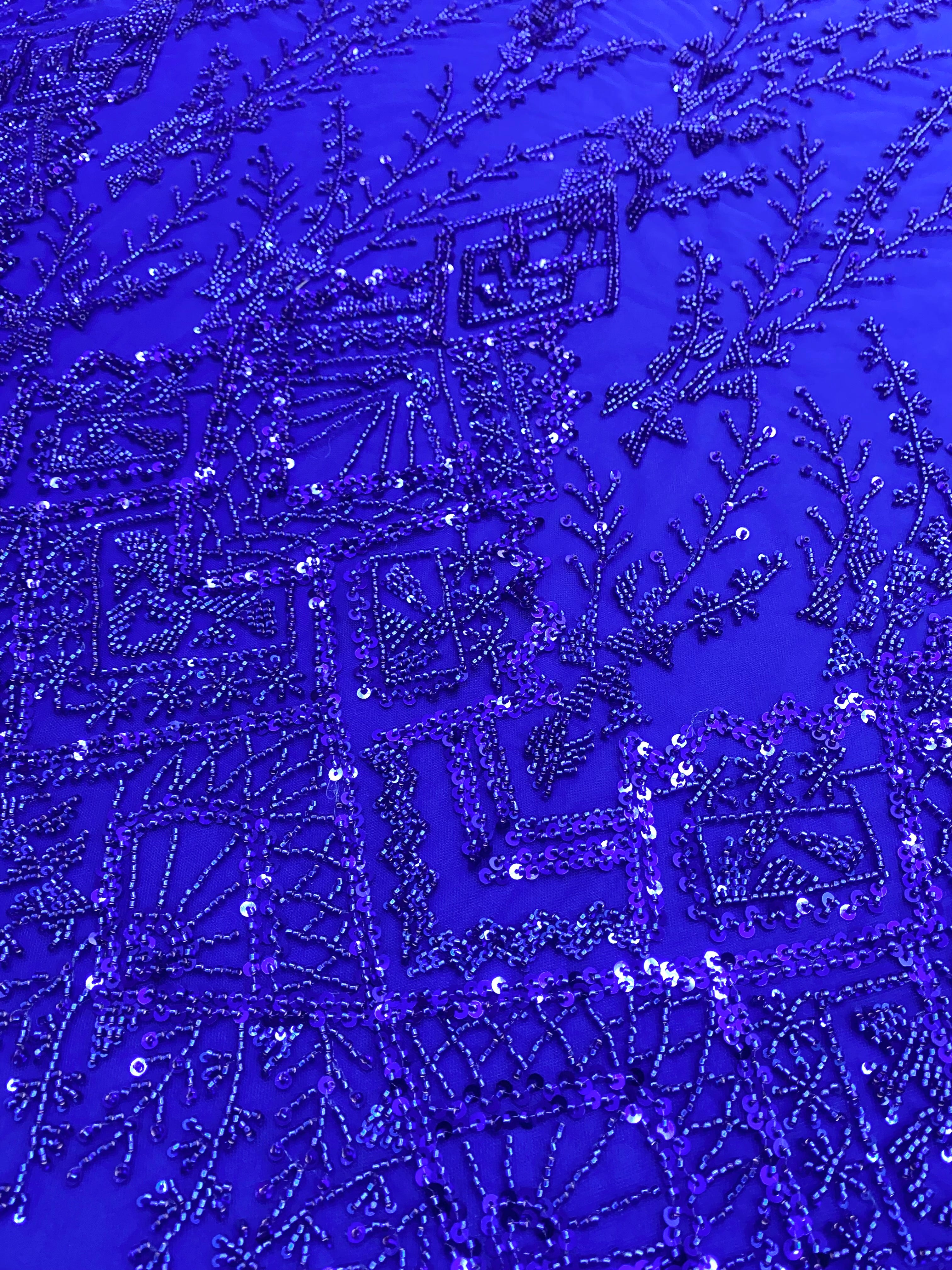 Dantela Couture Albastru Royal cu Model Geometric, cu Margele si Paiete