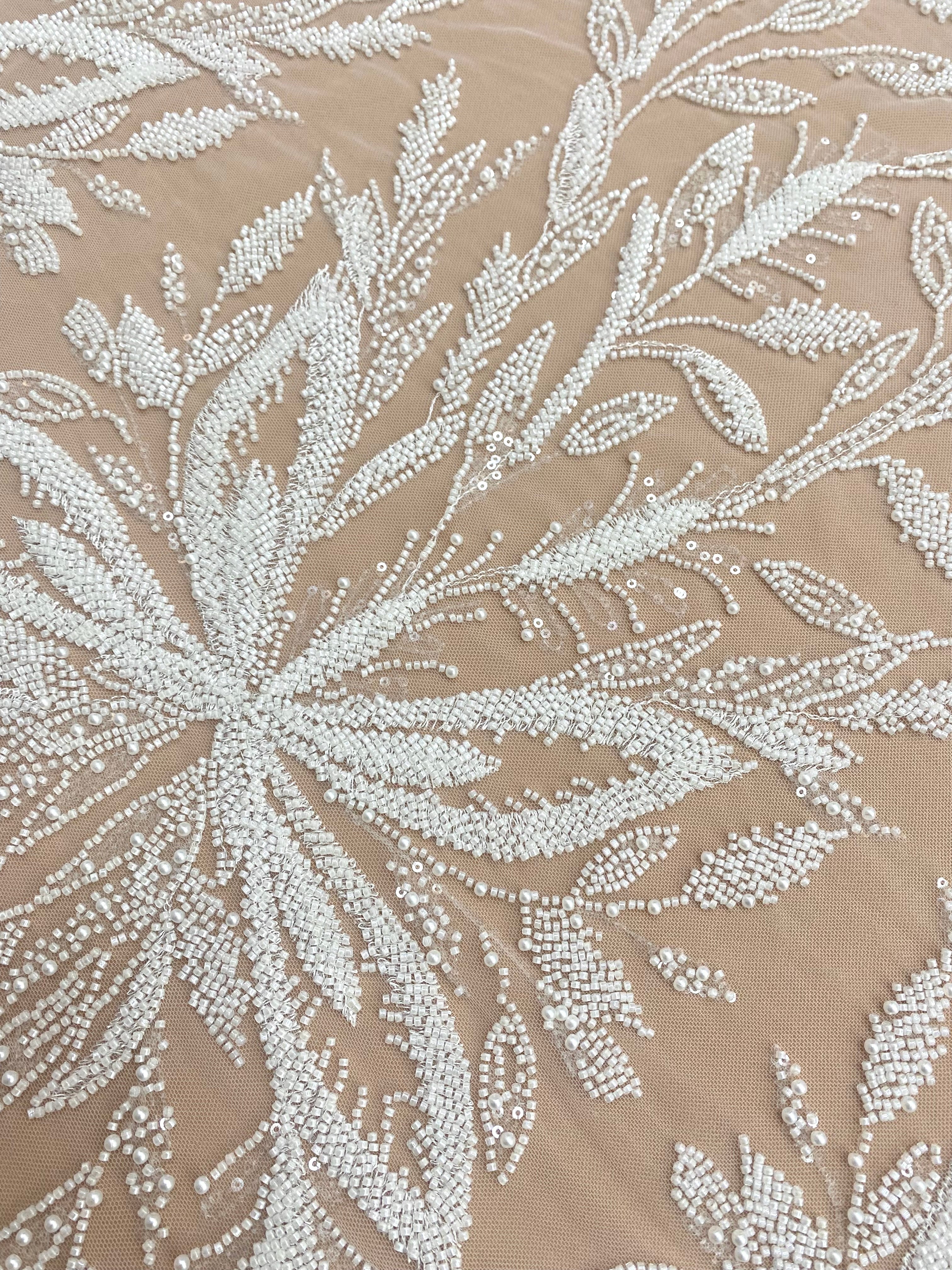 Ivory Couture Lace with Floral Pattern, Pearls, Beads and Sequins