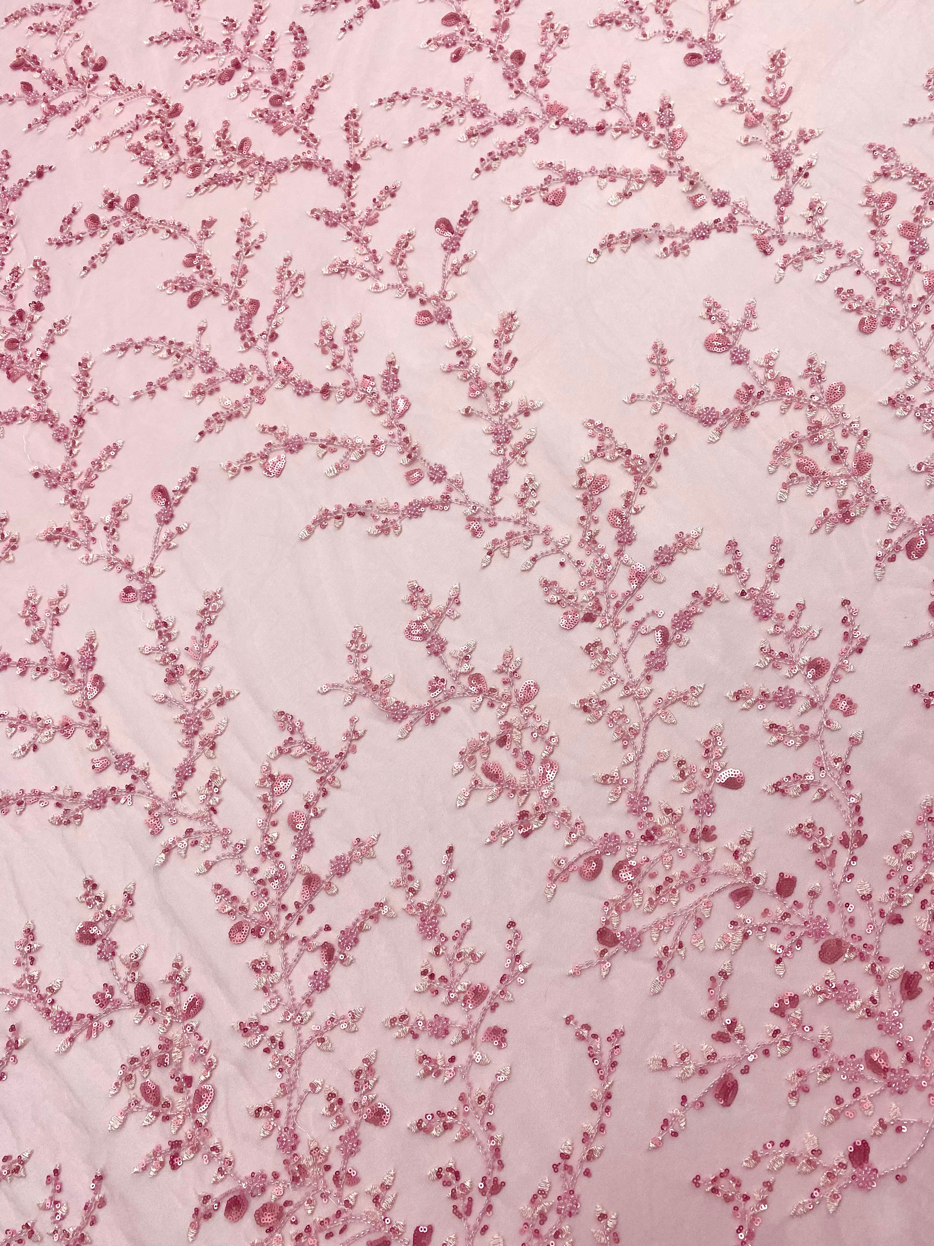 Pink Couture Lace with Floral Pattern, with Beads and Sequins