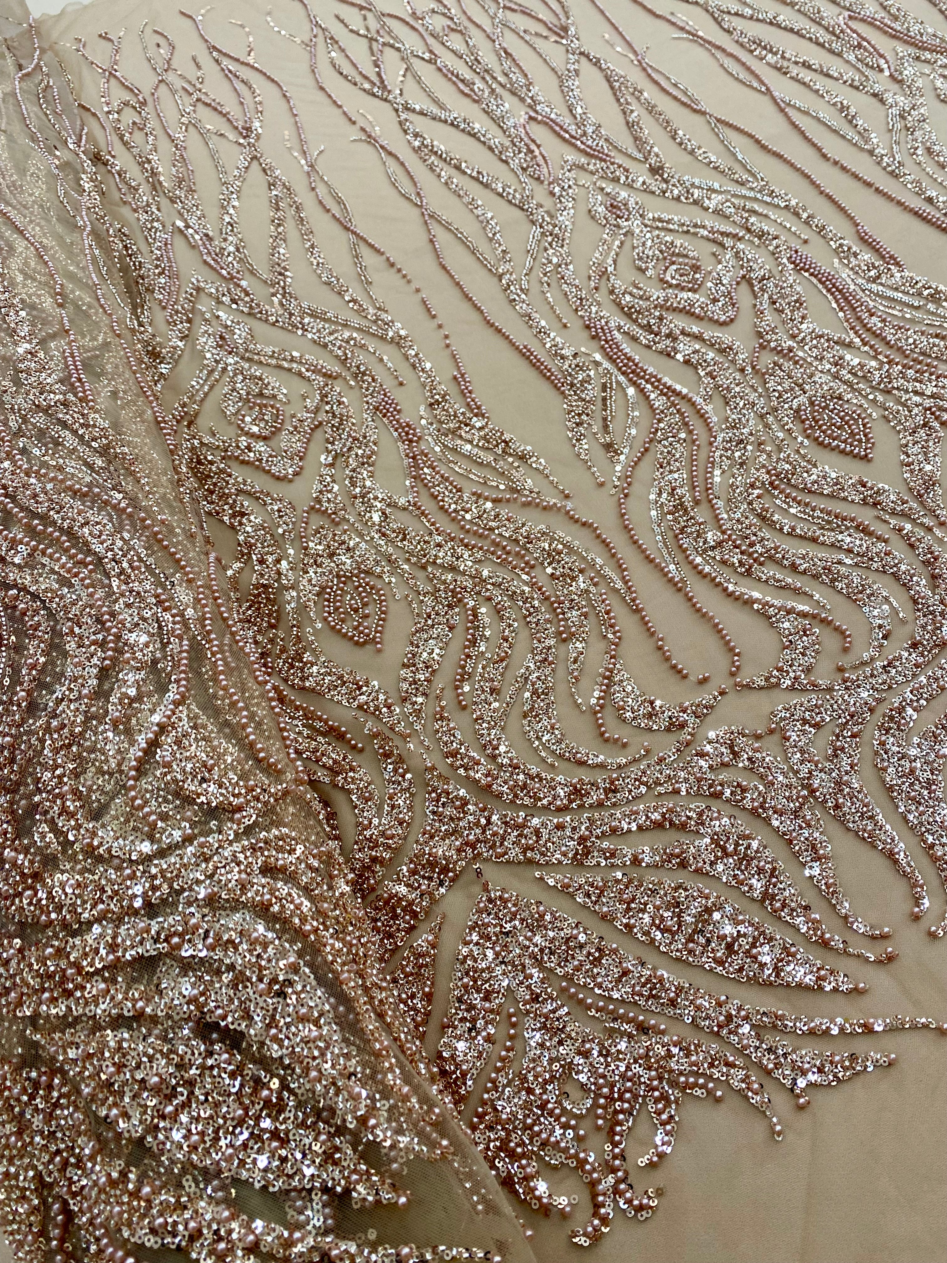 Rose Gold Couture Lace with Geometric Pattern, with Pearls, Beads and Sequins 