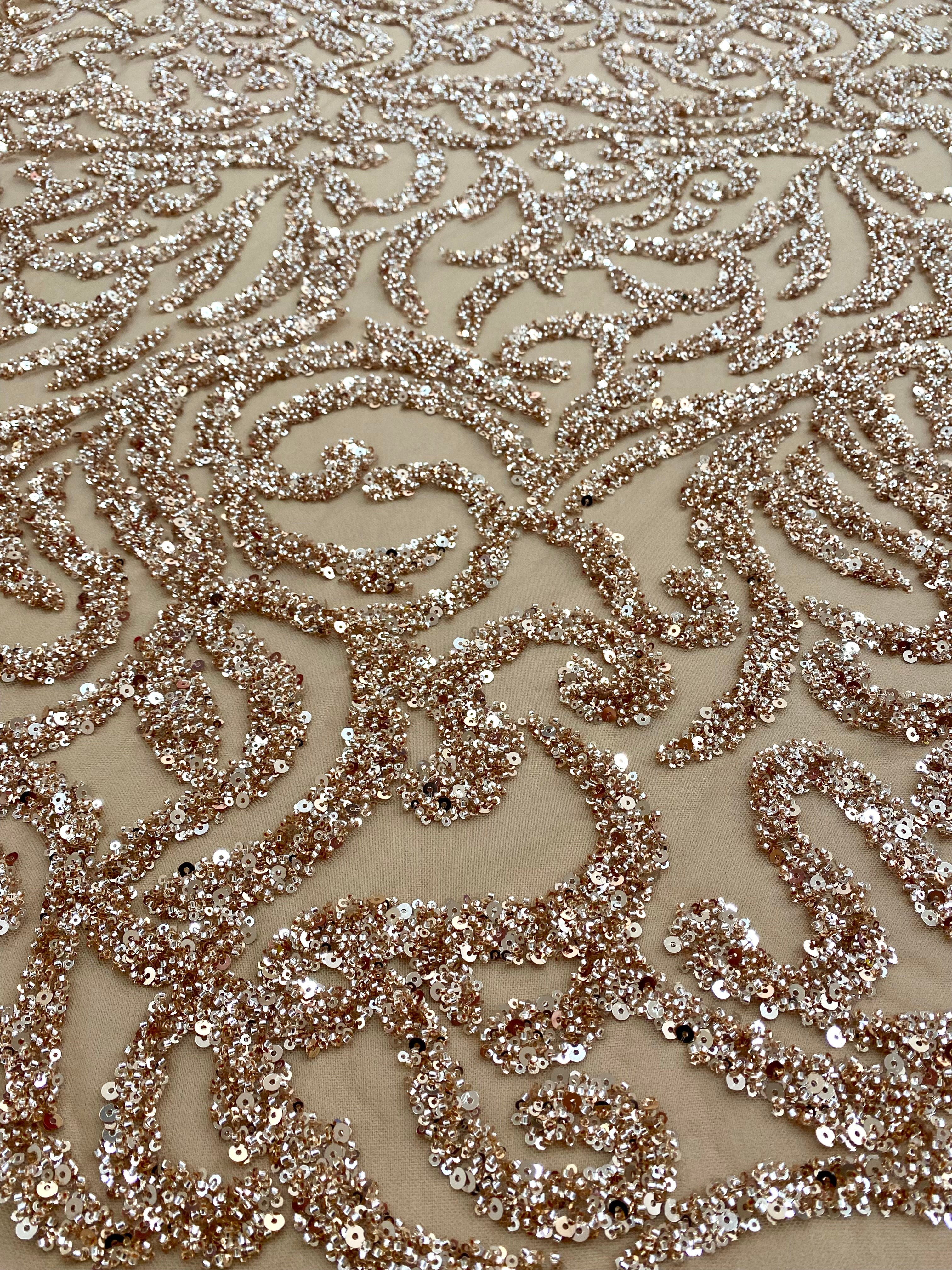 Rose Gold Couture Lace with Geometric Pattern, Beads and Sequins 