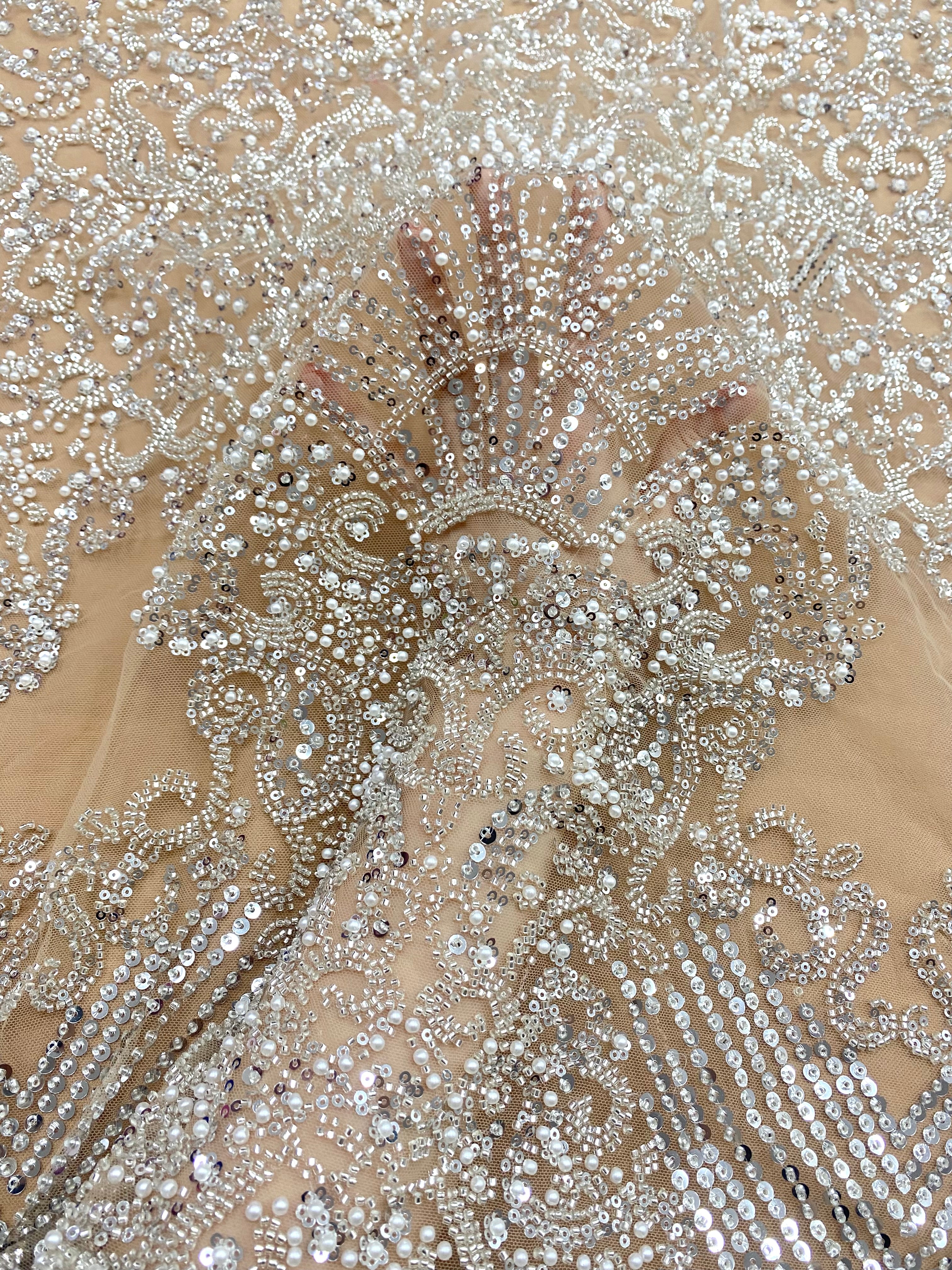 Silver Couture Lace on Nude Tulle with Geometric Pattern, with Pearls, Beads and Sequins