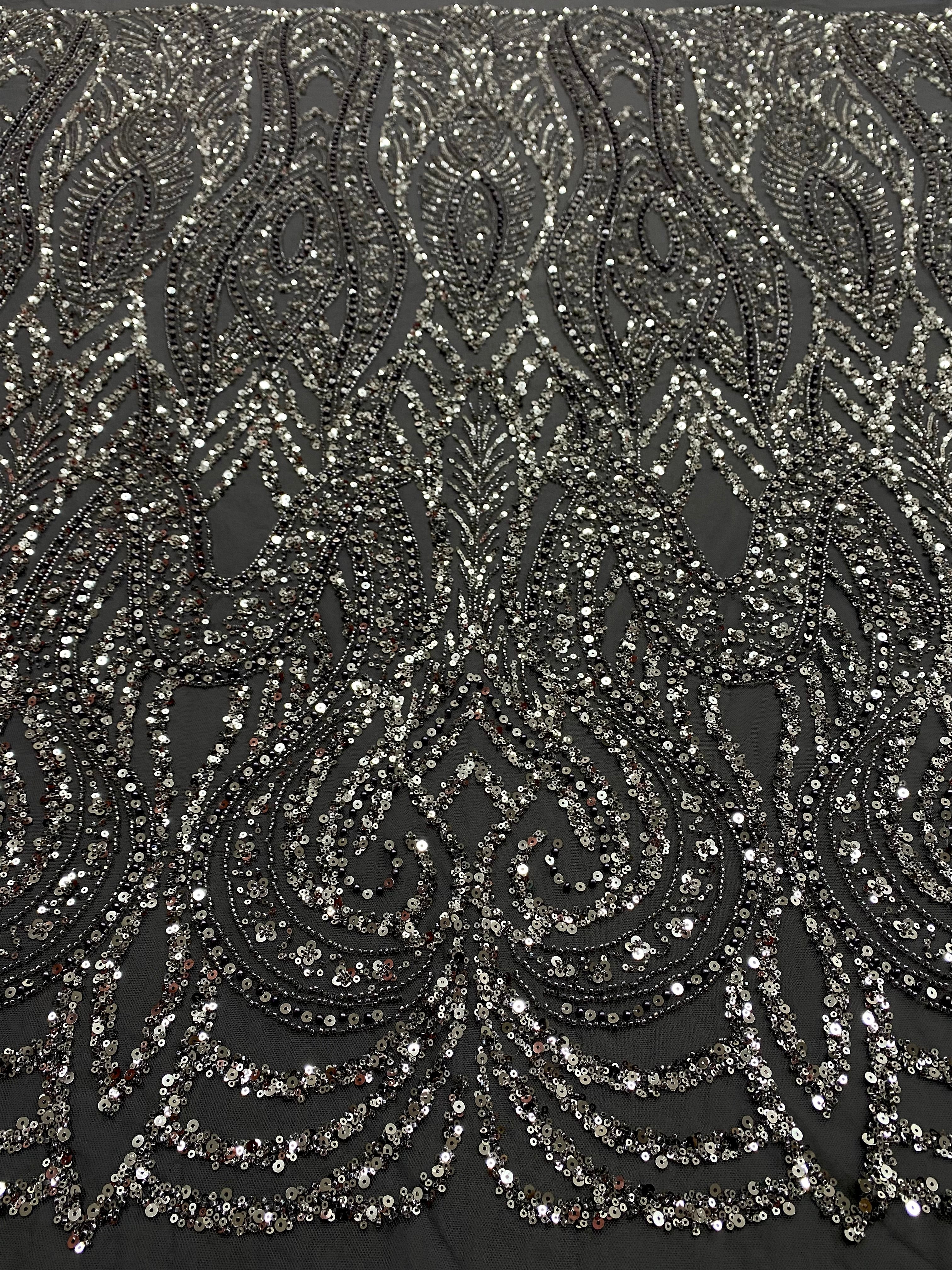 Dantela Couture Gri Antracit cu Model Geometric, cu Perle, Margele si Paiete