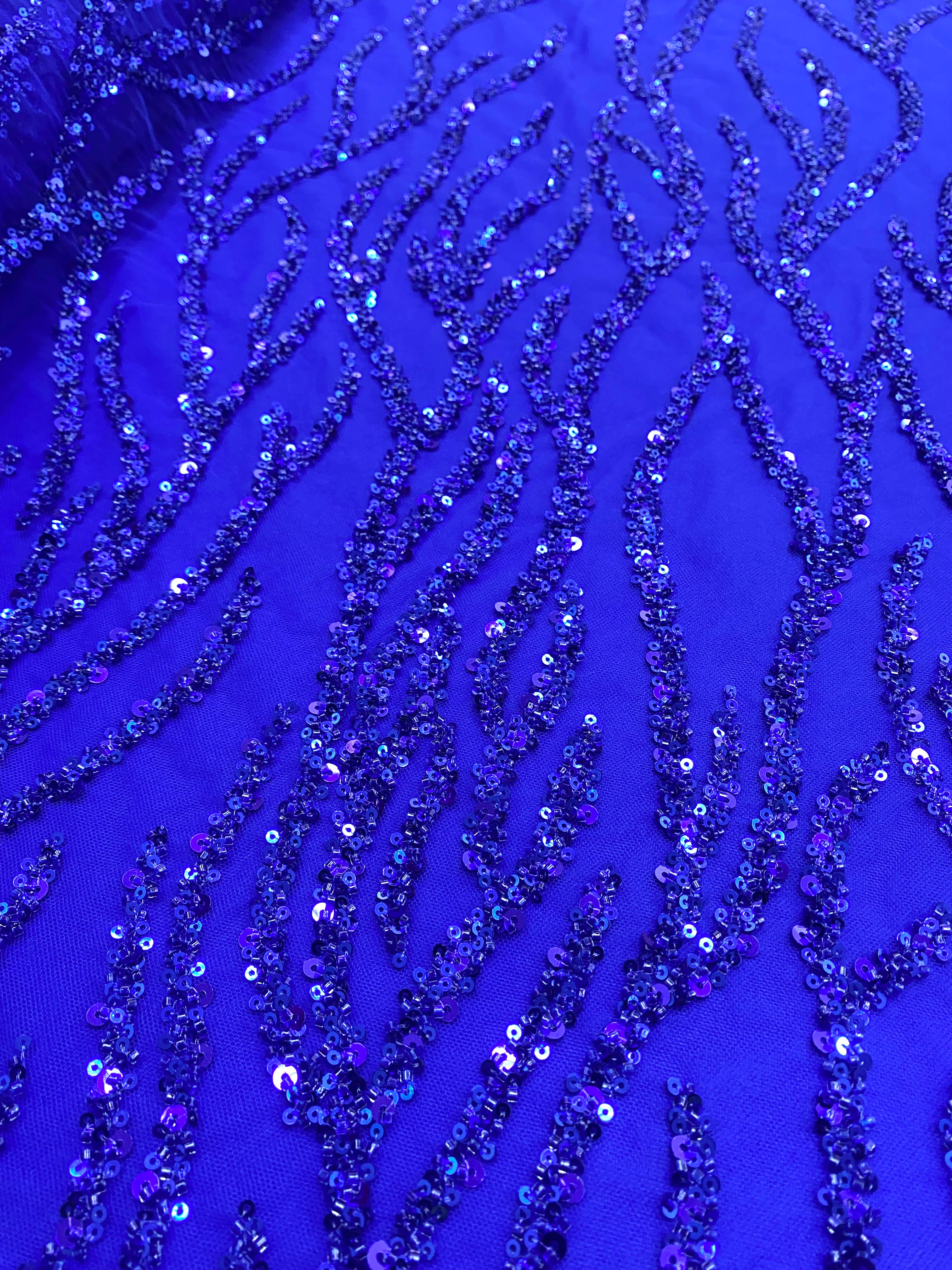Cupon 1.75 m din Dantela Couture Albastru Royal cu Siraguri, cu Margele si Paiete