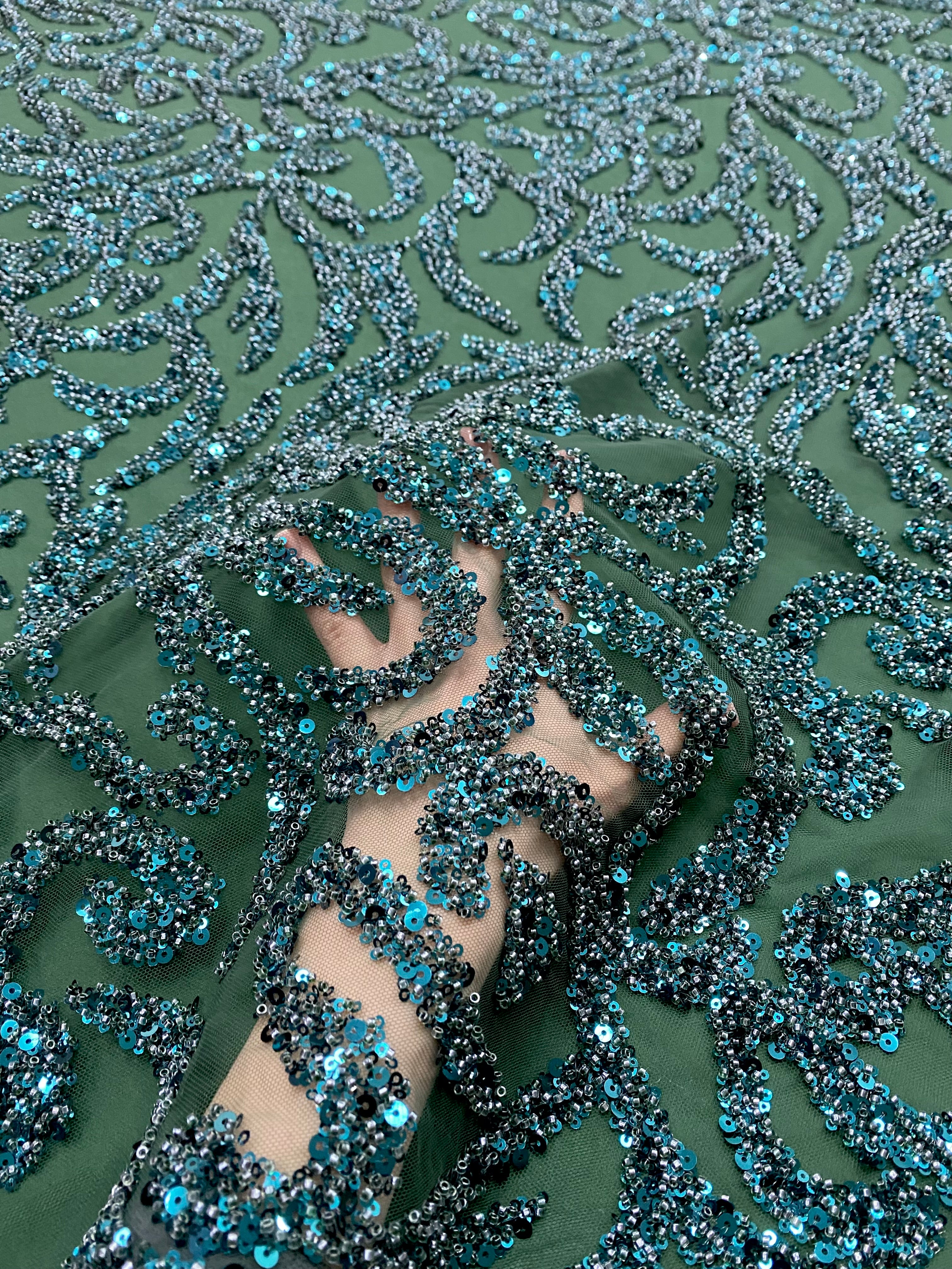 Emerald Green Couture Lace with Geometric Pattern, with Beads and Sequins