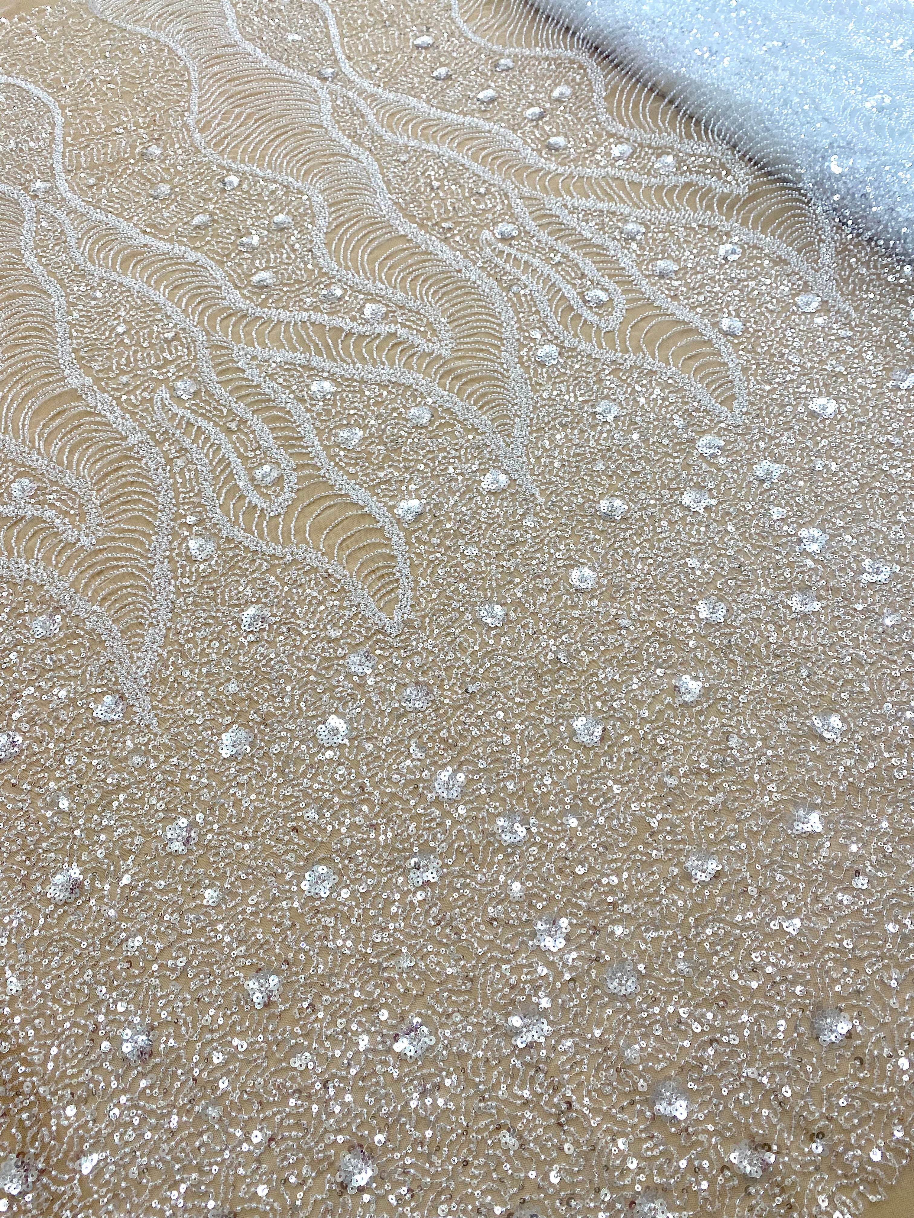 Silver Lace with Linear Pattern, with Pearls and Sequins