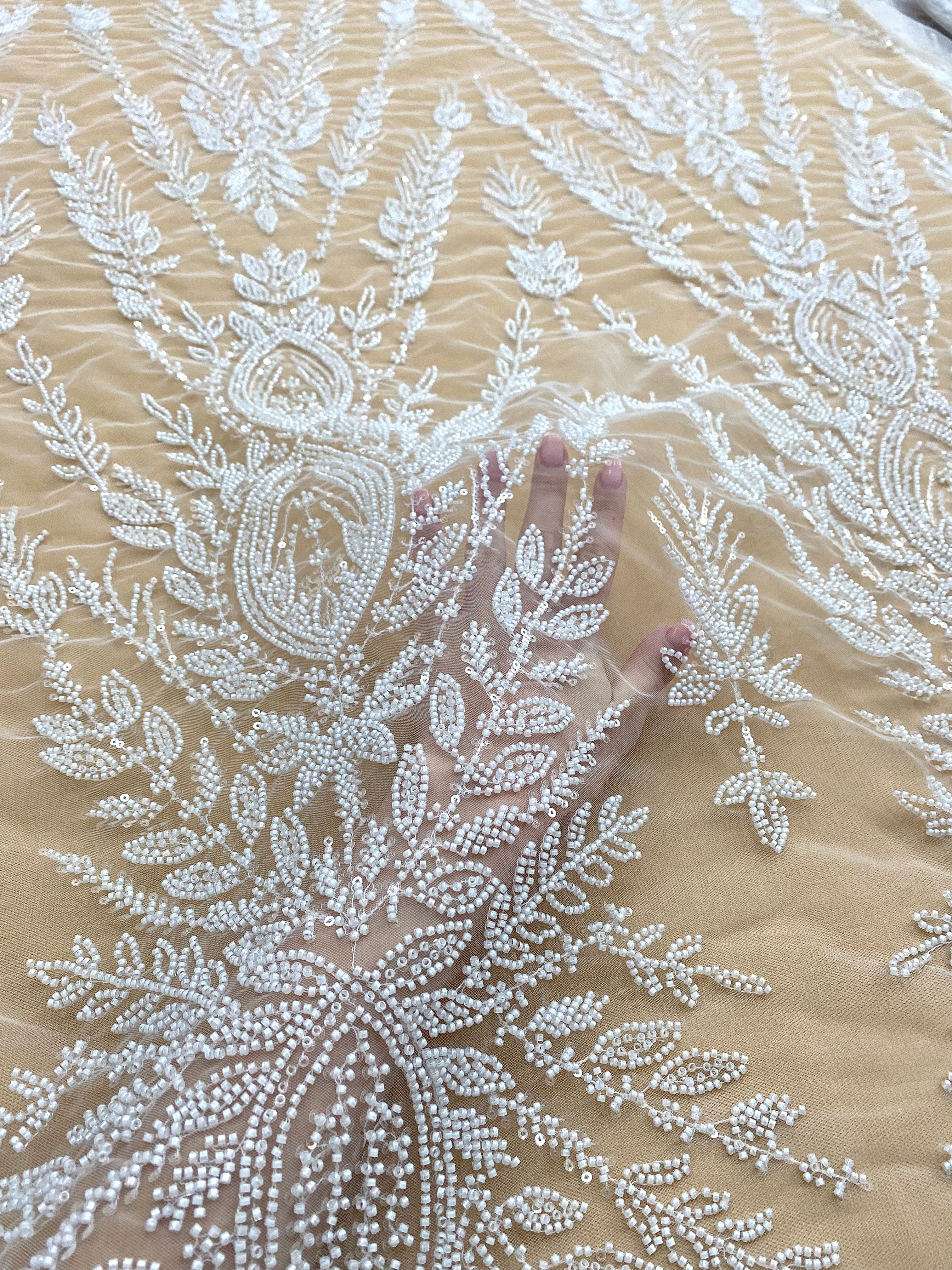 Silver Lace with Linear Pattern, with Pearls and Sequins