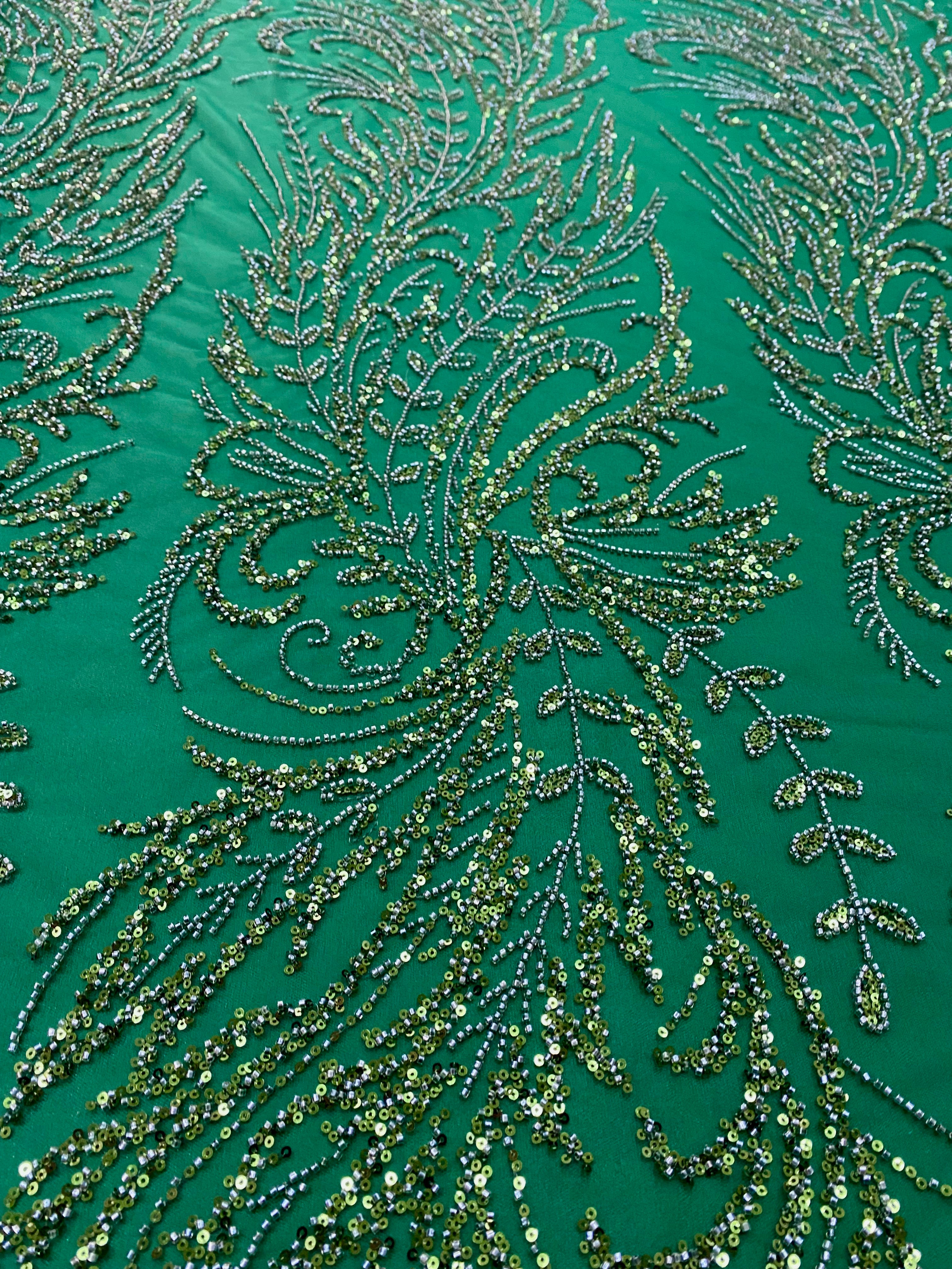 Emerald Green Couture Lace with Floral Pattern, Beads and Sequins