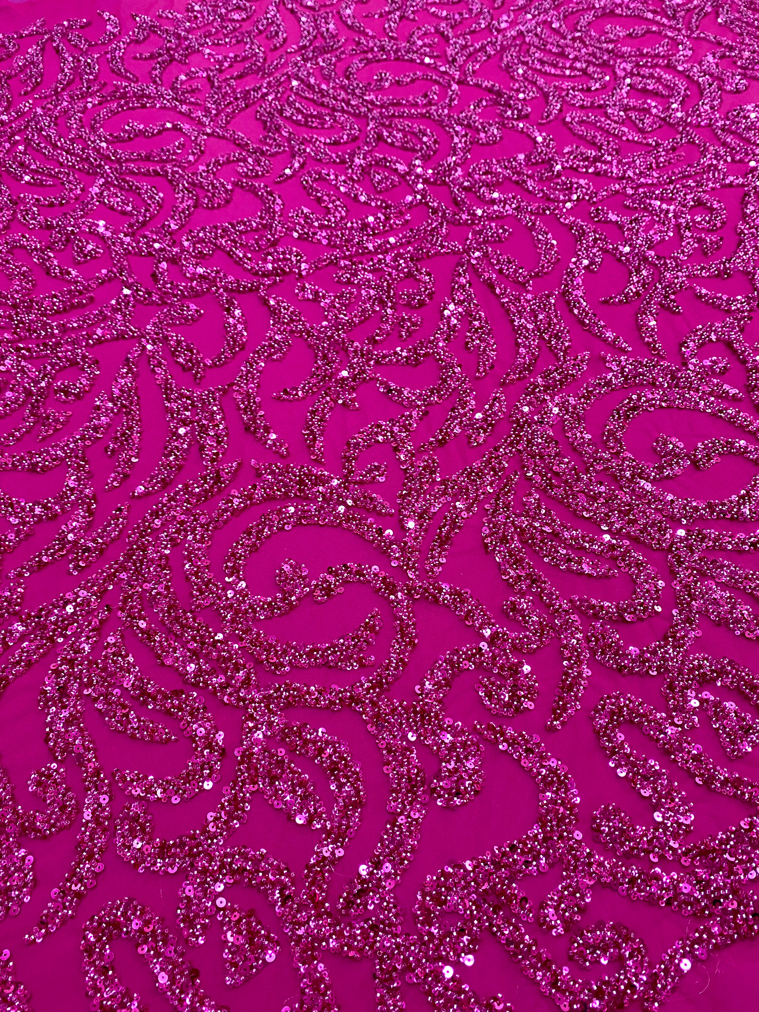 Dantela Couture Fucsia cu Model Geometric, cu Margele si Paiete