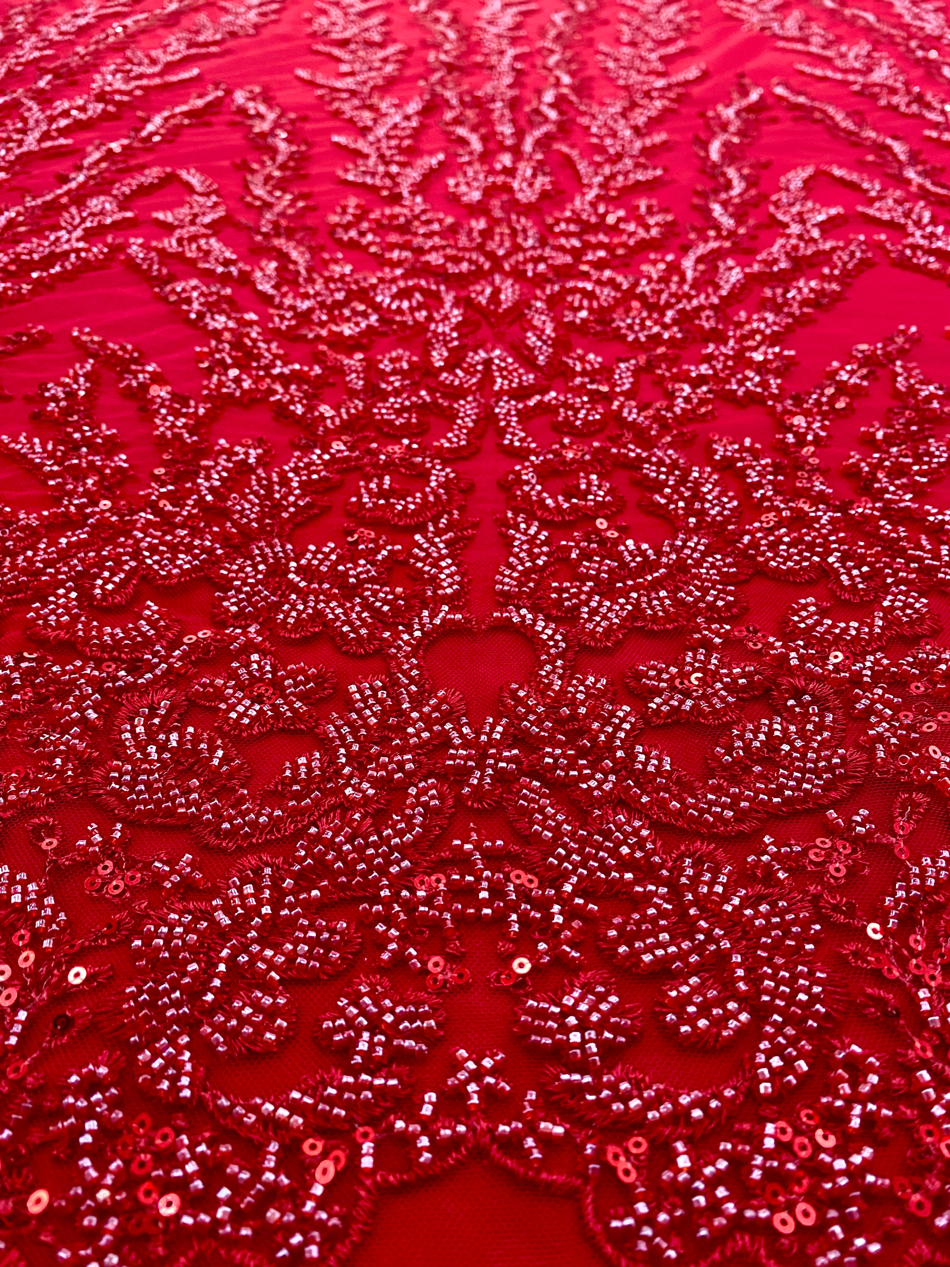 Red Couture Lace with Geometric Pattern, Beads and Sequins