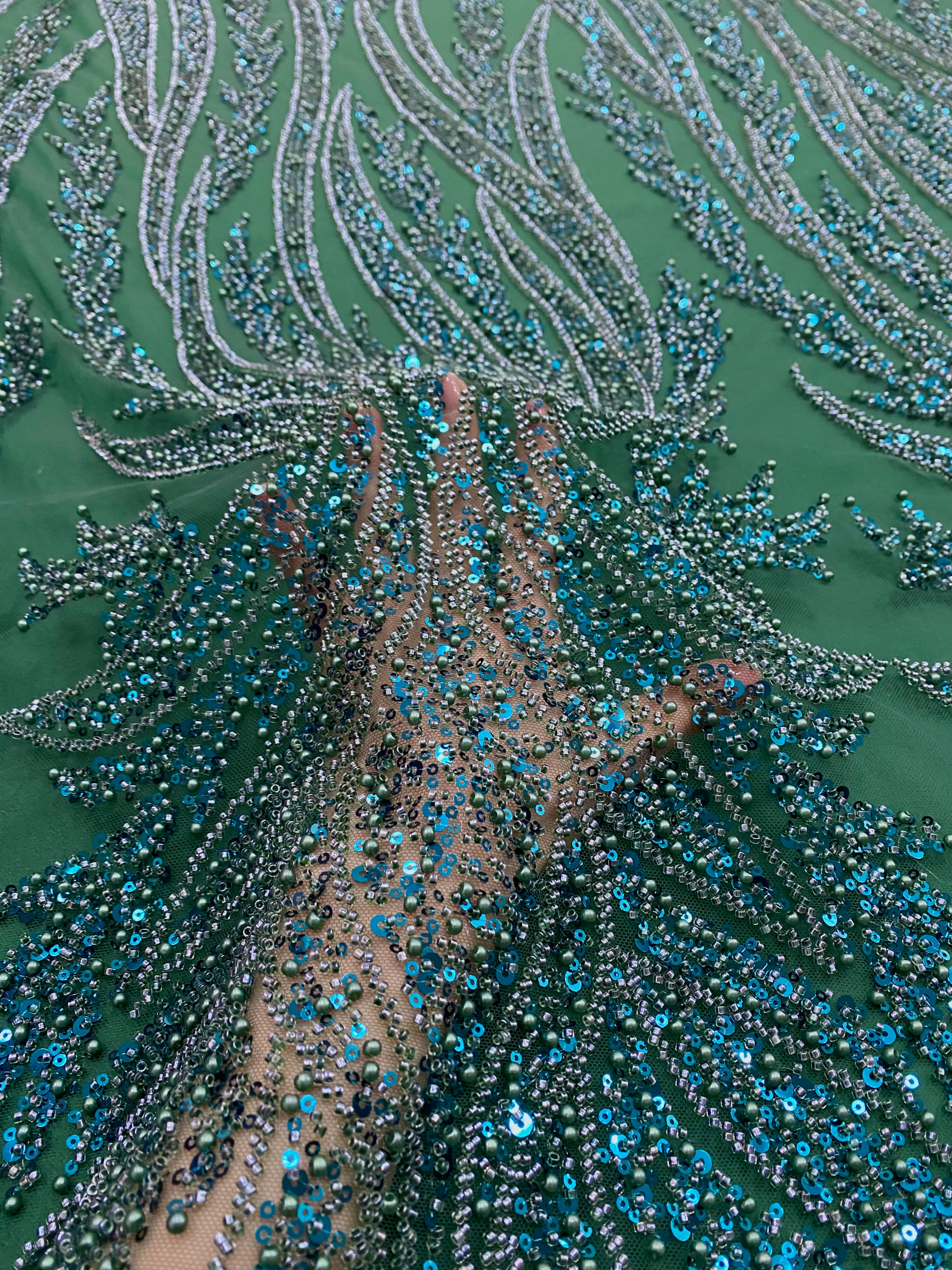 Emerald Green Couture Lace with Panel, with Pearls, Beads and Sequins