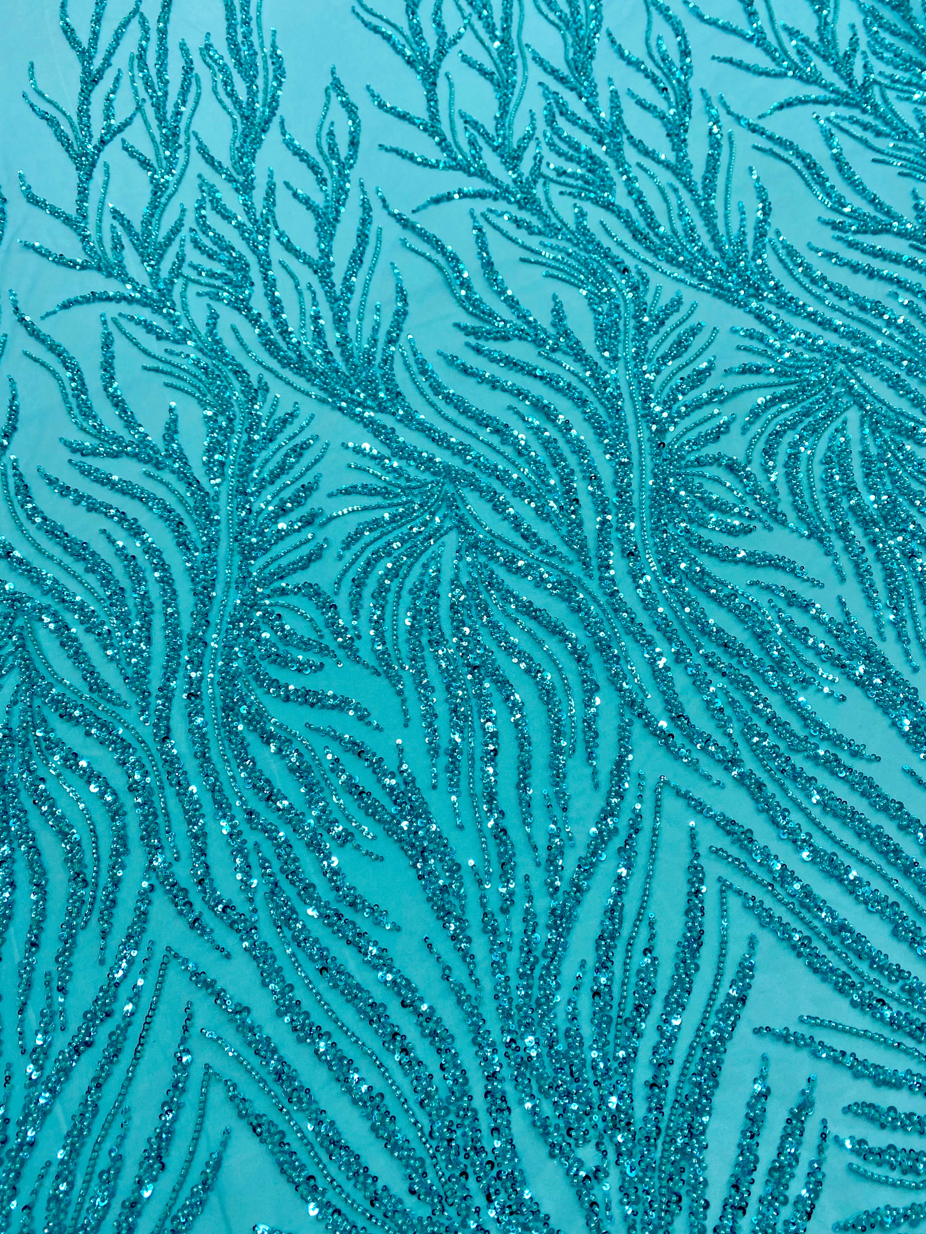 Turquoise Lace with Linear Pattern, with Beads and Sequins