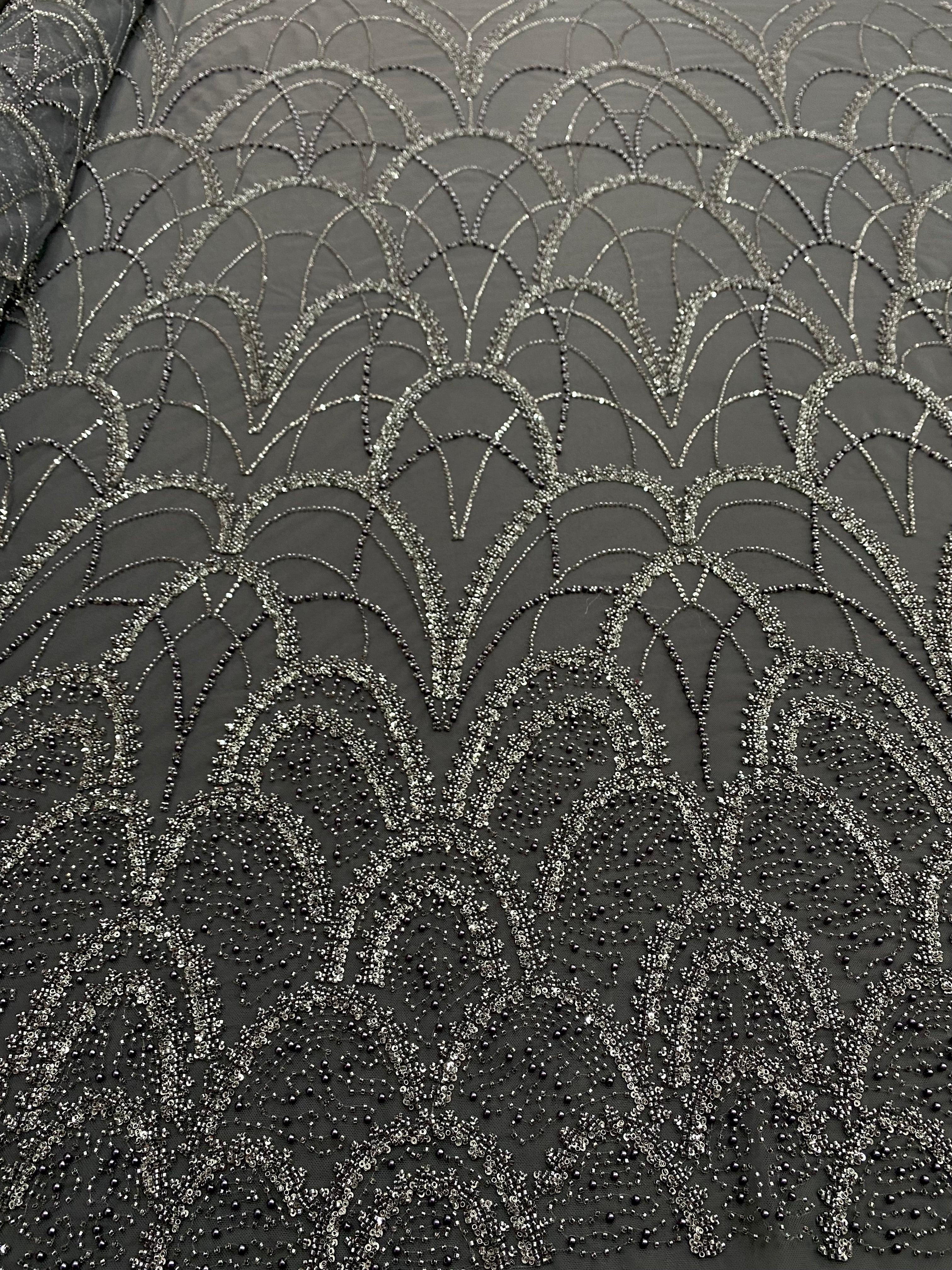 Cupon 1.70 m din Dantela Couture Gri Antracit cu Model Geometric, cu Perle, Margele si Paiete