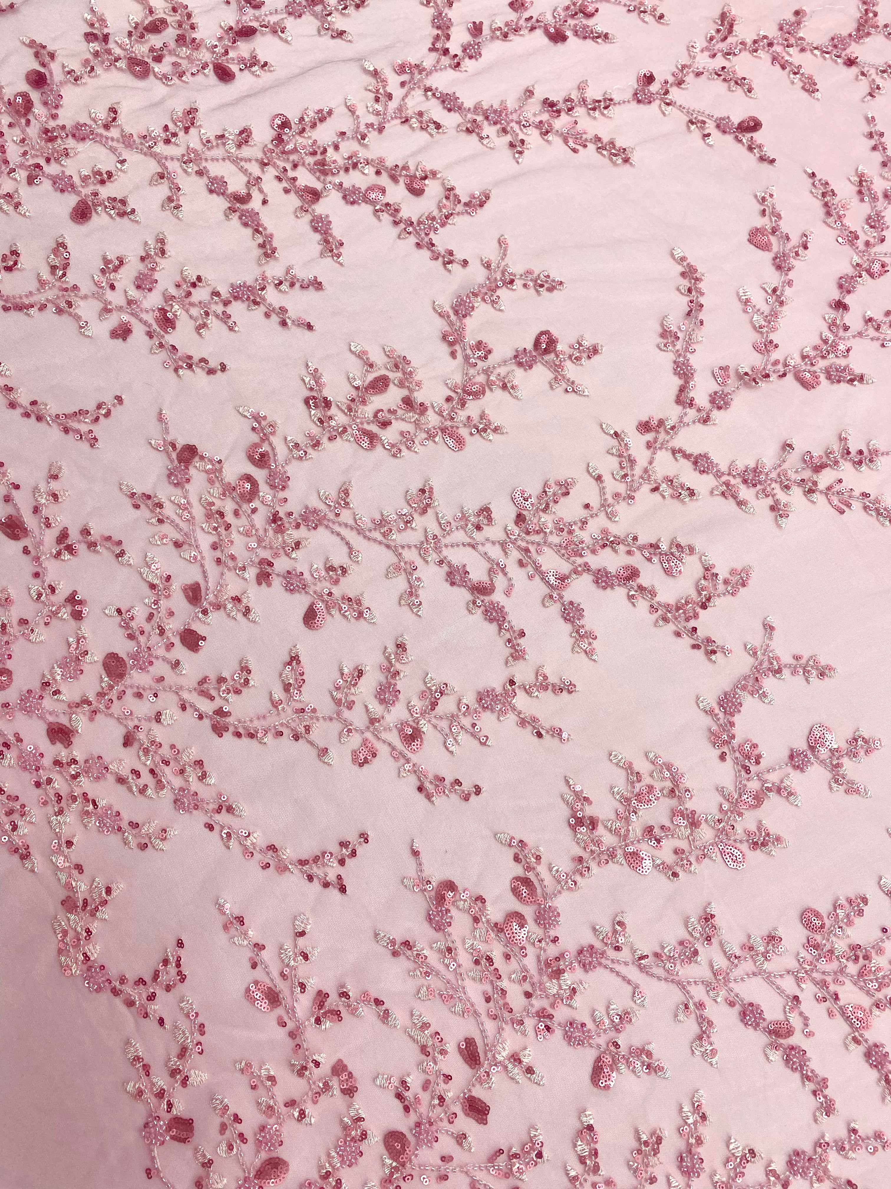 Pink Couture Lace with Floral Pattern, with Beads and Sequins