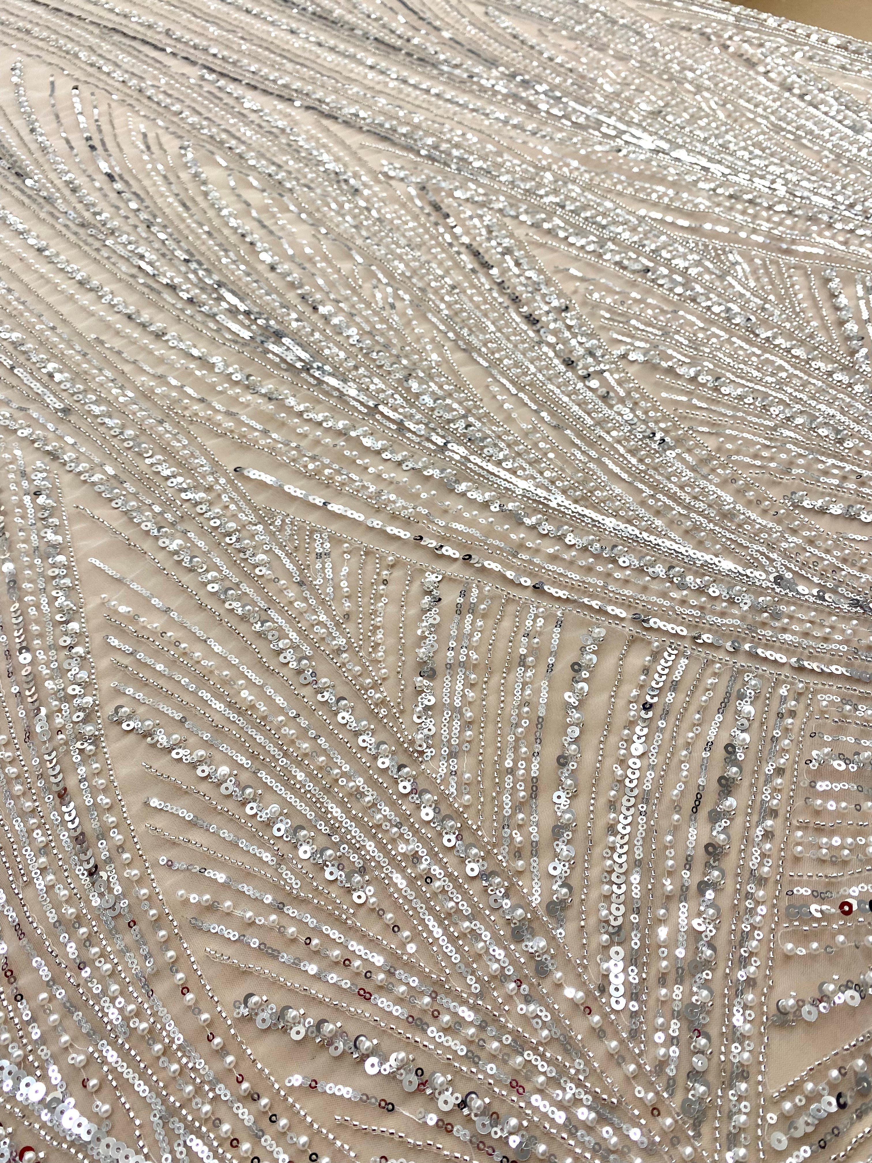 Silver Lace with Geometric Pattern, with Beads and Sequins