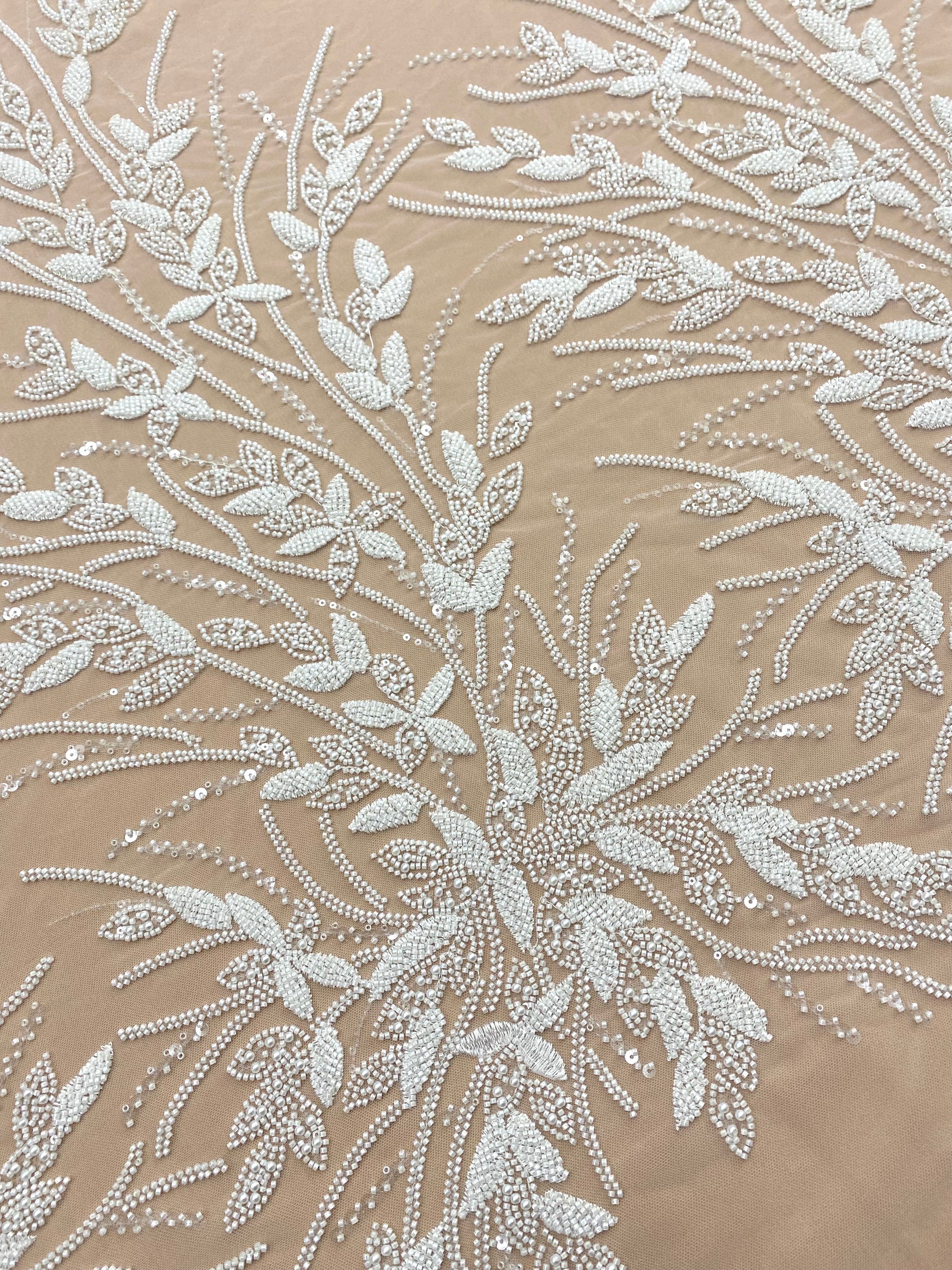 Ivory Couture Lace with Floral Pattern, Pearls, Beads and Sequins