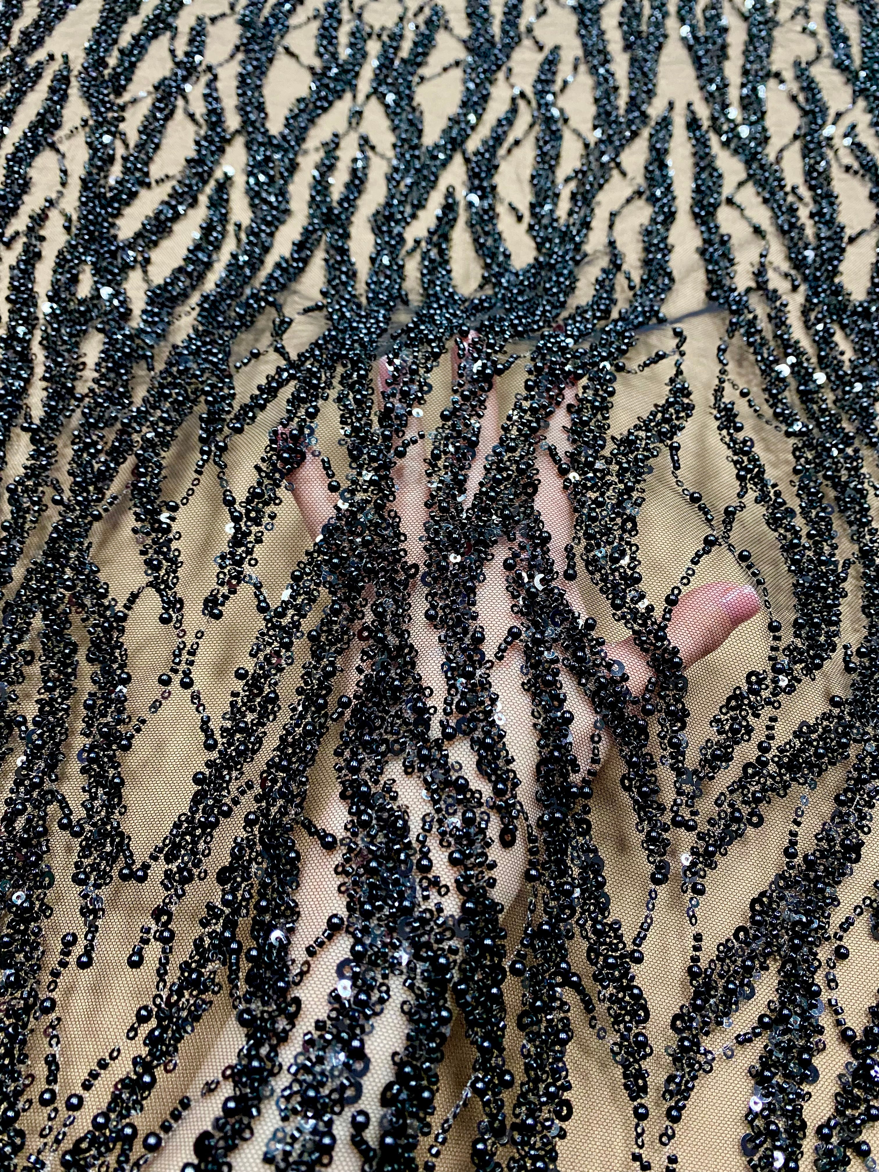 Black Couture Lace with Strings, Pearls, Beads and Sequins