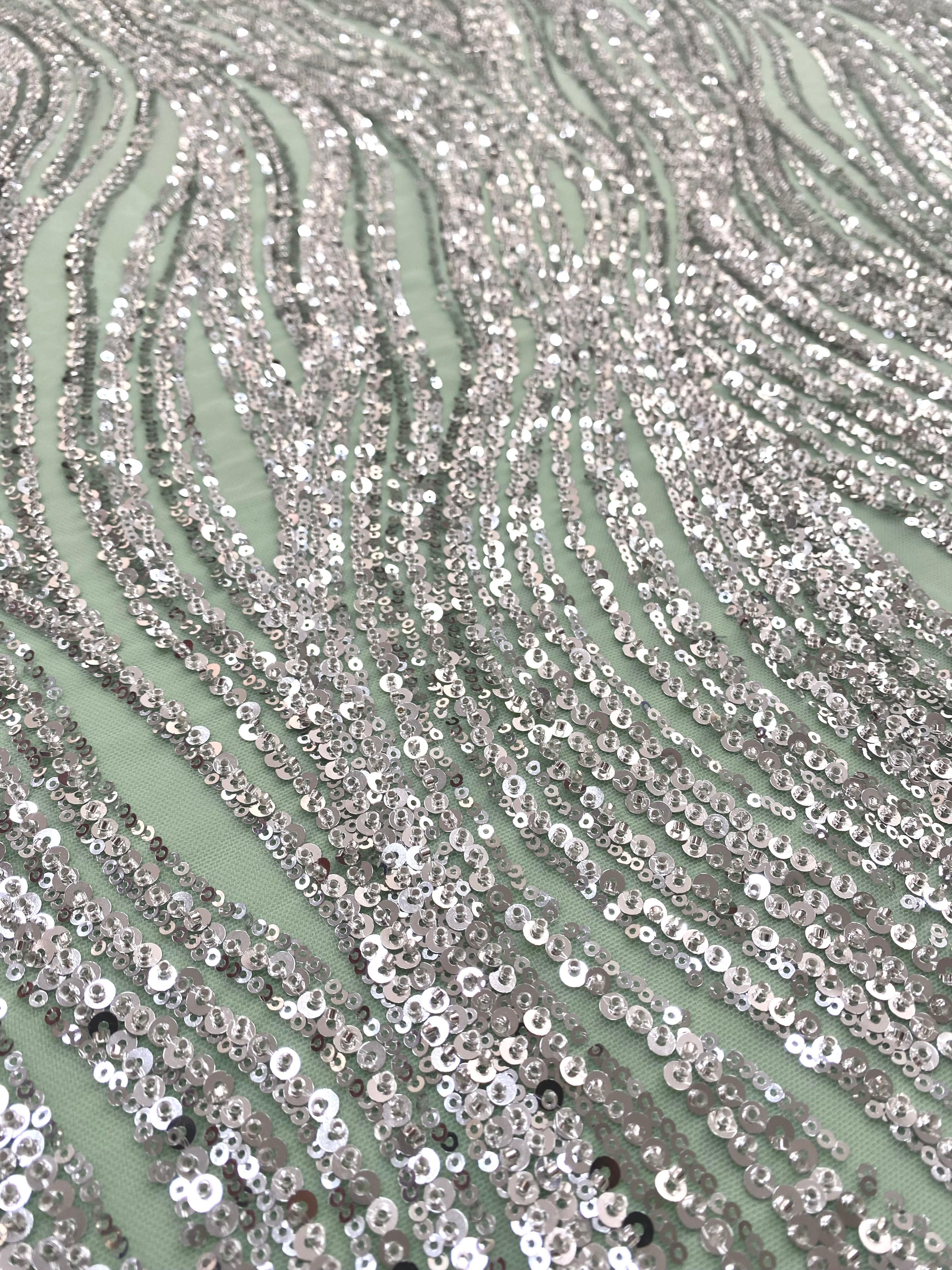 Silver Couture Lace on Mint Green Tulle with Linear Pattern, Beads and Sequins