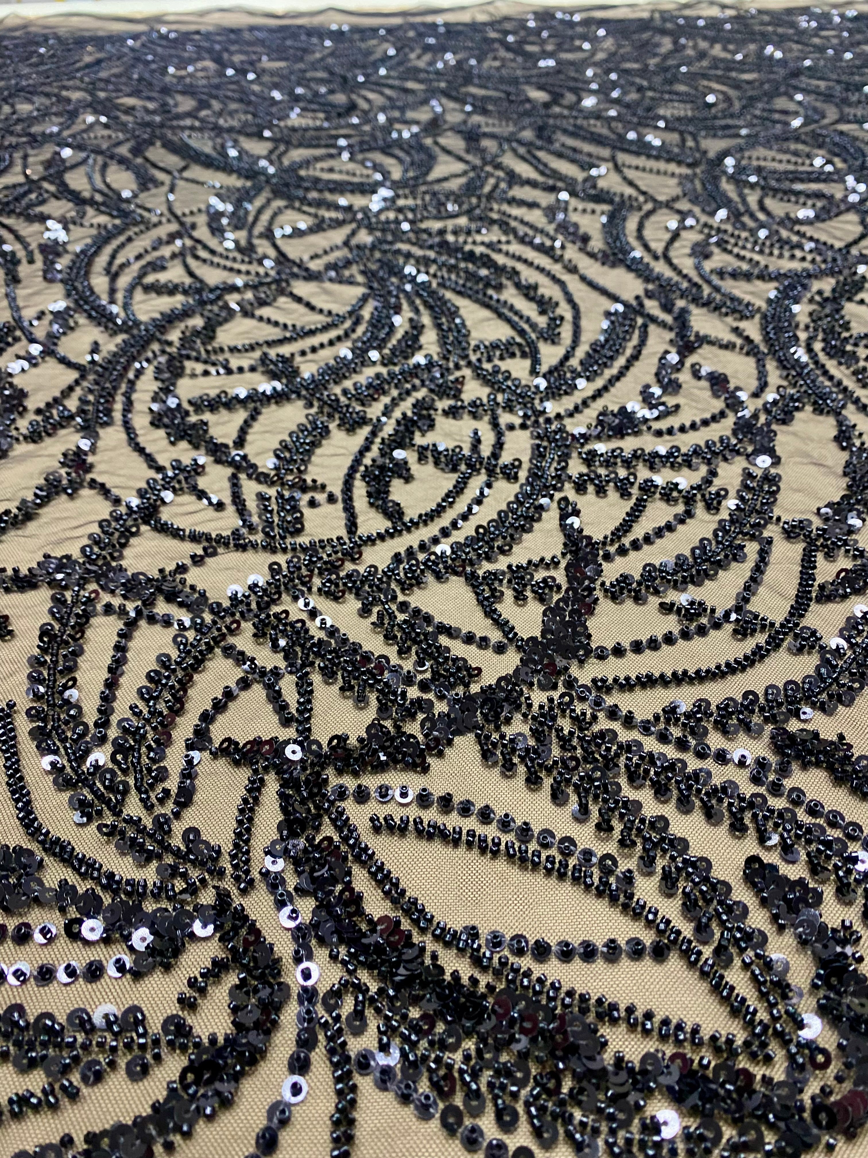 Black Couture Lace with Geometric Pattern, Beads and Sequins