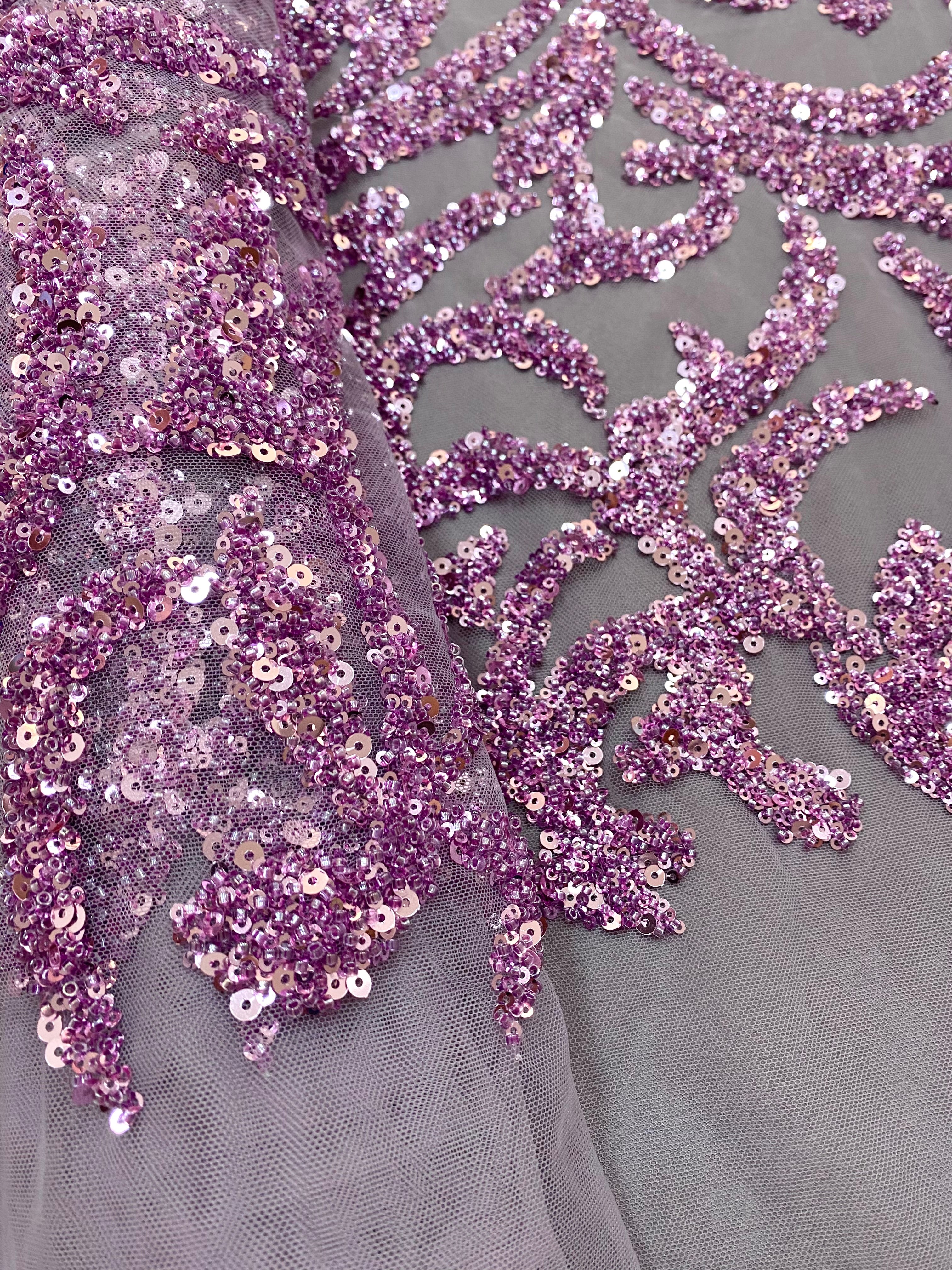 Powder Couture Lace with Geometric Pattern, with Beads and Sequins