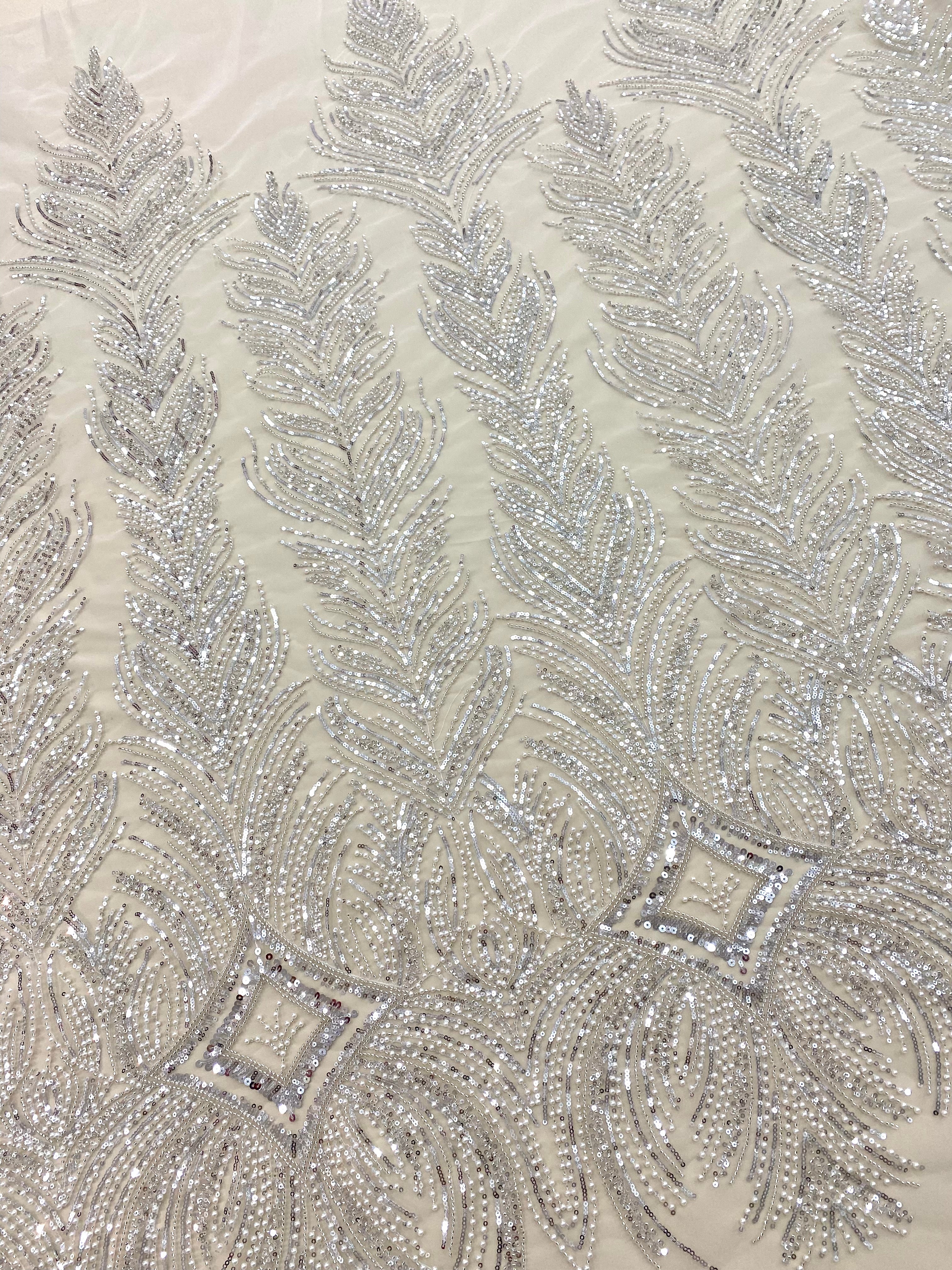 Silver Lace with Geometric Pattern, with Beads and Sequins