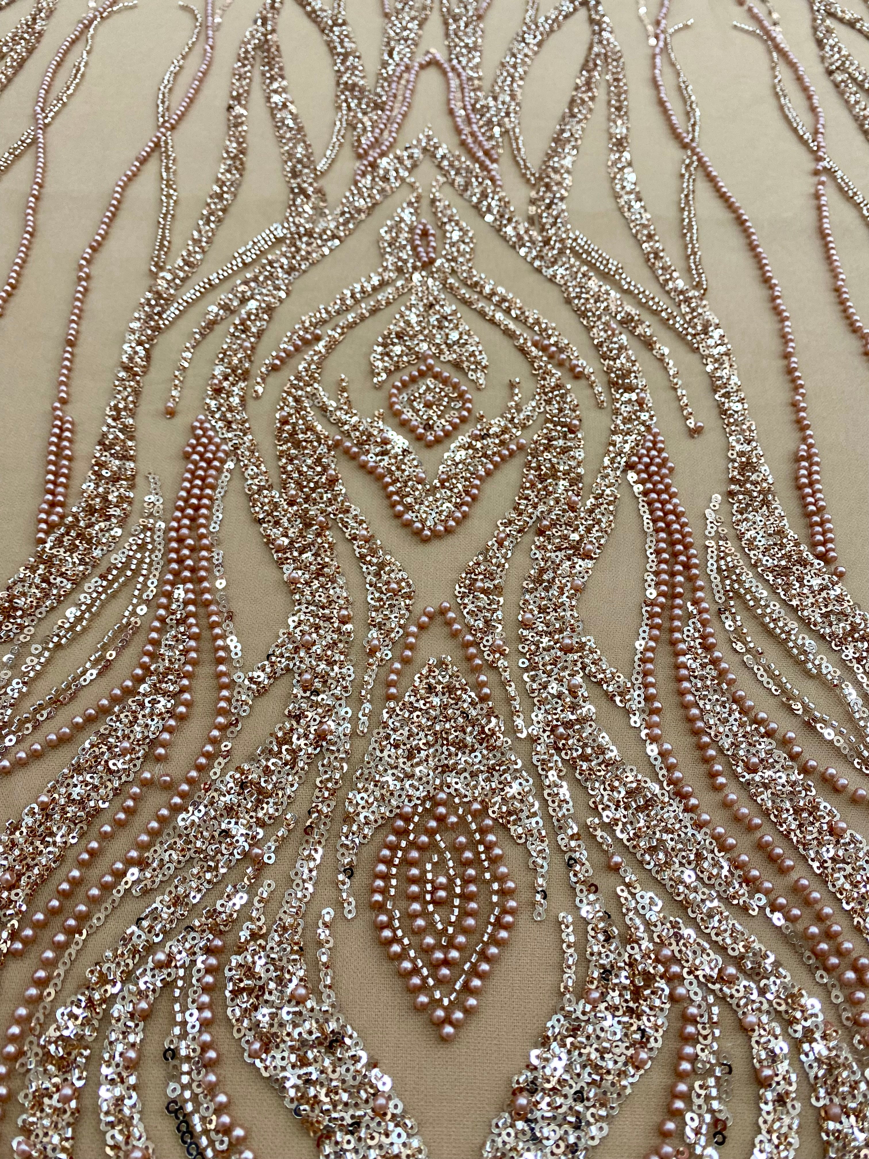Rose Gold Couture Lace with Geometric Pattern, with Pearls, Beads and Sequins 
