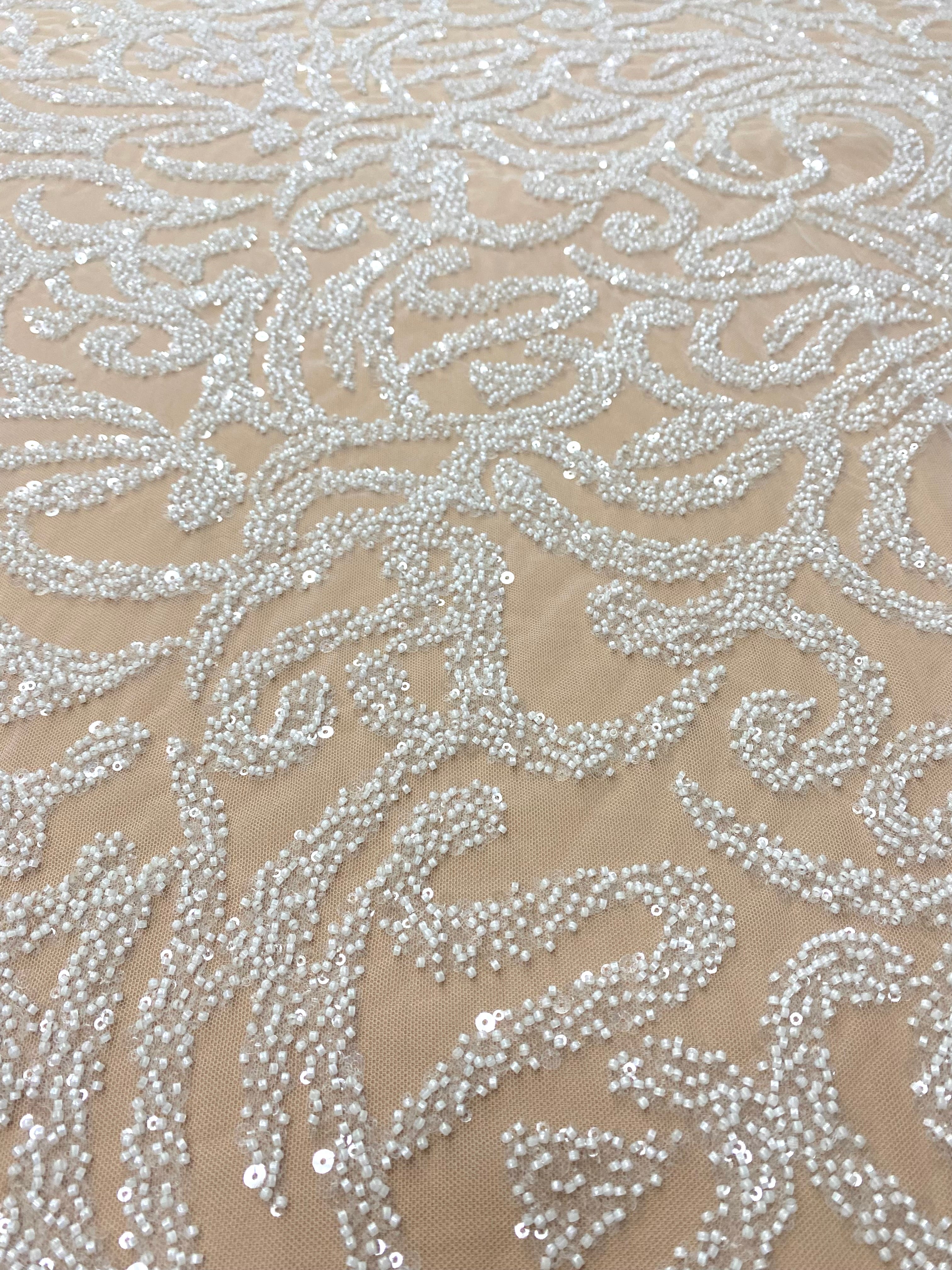 Dantela Couture Ivory cu Model Geometric, cu Margele si Paiete