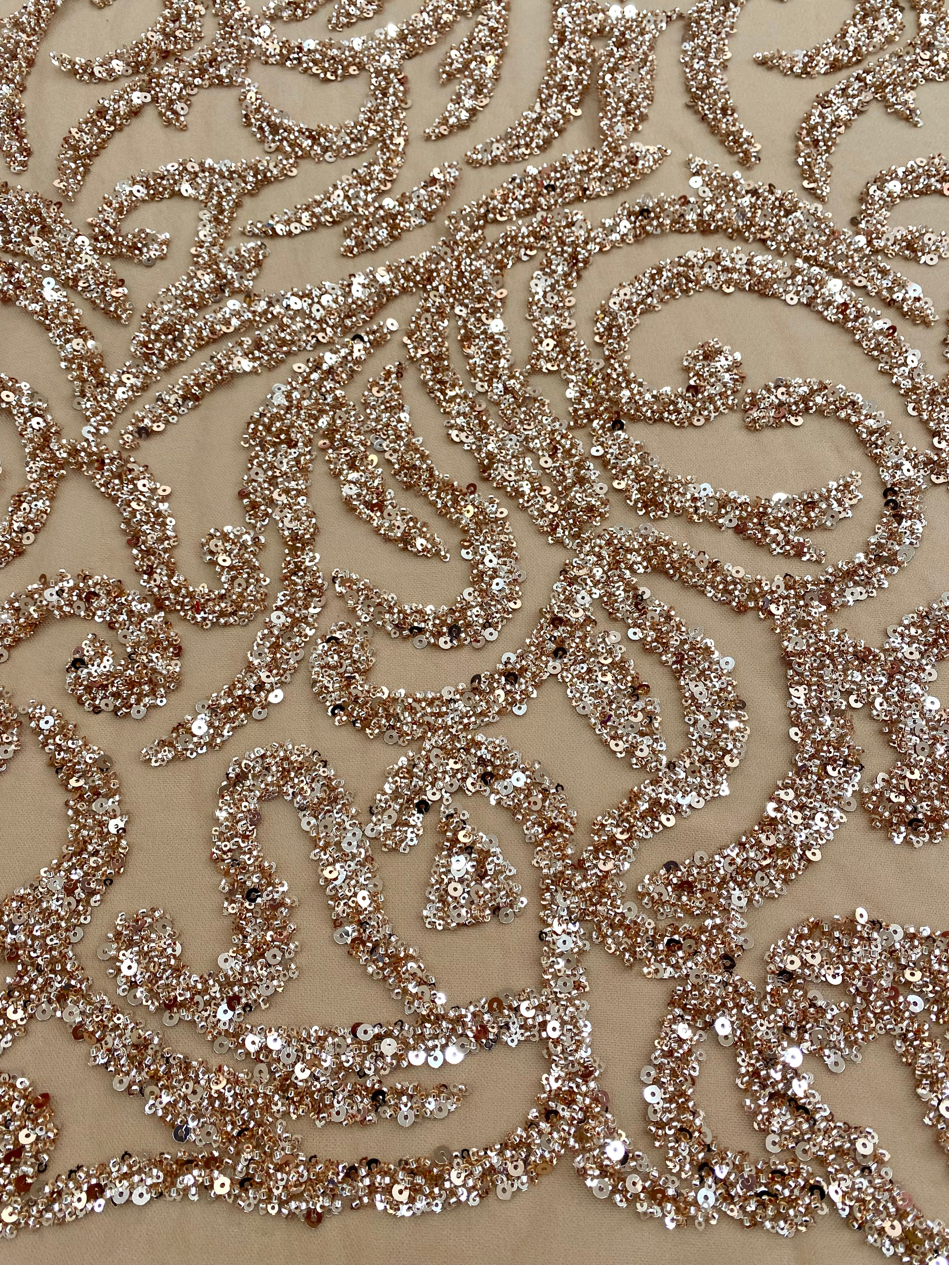 Rose Gold Couture Lace with Geometric Pattern, Beads and Sequins 
